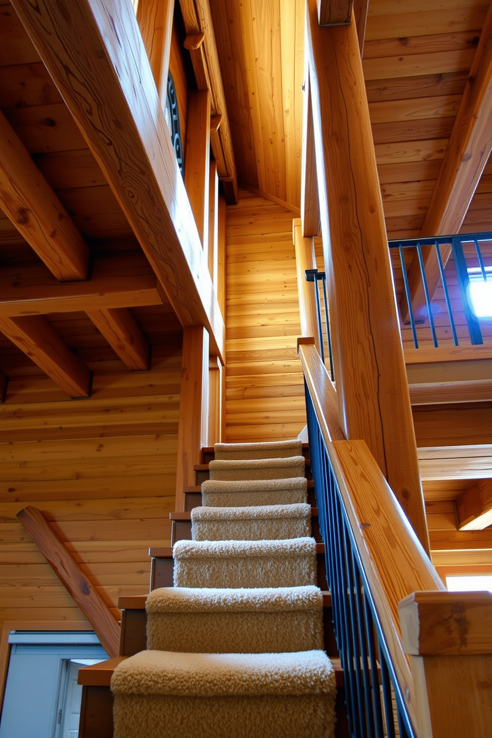 A rustic wooden staircase features exposed beams that enhance its natural charm. The warm tones of the wood create an inviting atmosphere, while the iron railings add a touch of vintage elegance. The staircase is adorned with a plush runner that complements the wood and provides comfort underfoot. Soft, ambient lighting highlights the textures of the beams and the craftsmanship of the staircase, creating a cozy focal point in the home.