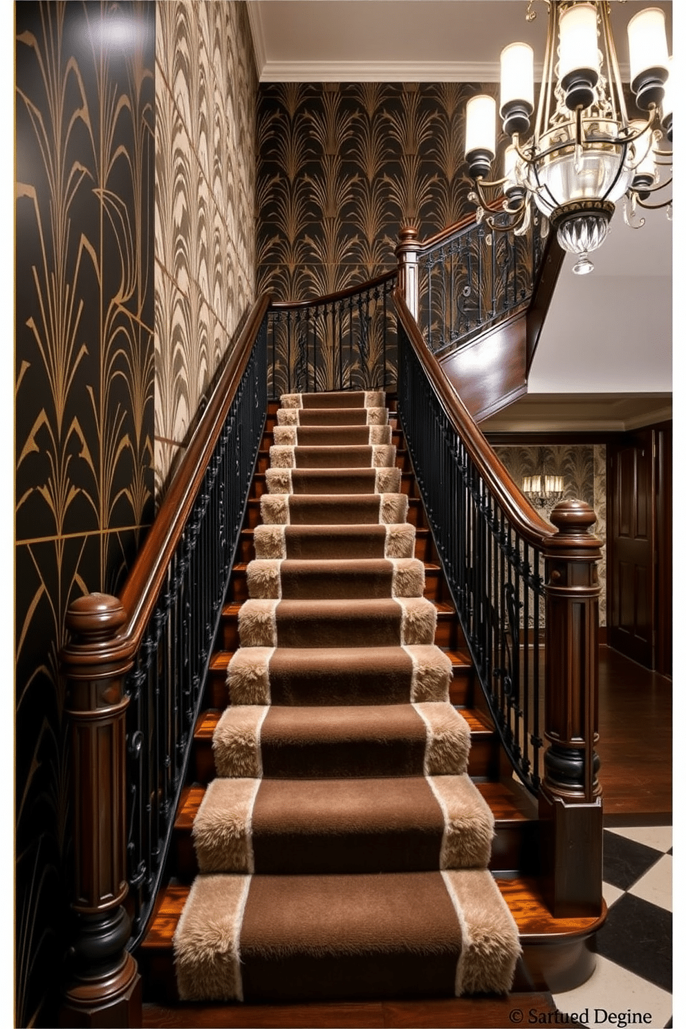 Art Deco staircase featuring bold geometric patterns, with a sleek black and gold color scheme. The staircase is adorned with intricate wrought iron railings and a plush runner that adds a touch of luxury. Vintage staircase design showcasing ornate wooden banisters and rich, dark wood steps. The staircase is illuminated by an elegant chandelier, casting a warm glow on the decorative details and vintage wallpaper.