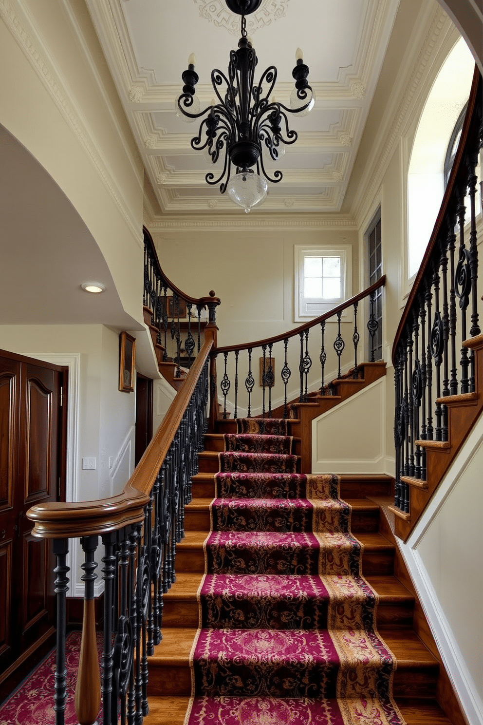 A classic French staircase with elegant balusters, featuring intricate wrought iron details and a polished wooden handrail. The staircase is adorned with a rich, patterned runner that complements the ornate ceiling moldings and grand chandelier above. Vintage staircase design ideas showcase a blend of rustic charm and timeless elegance, incorporating reclaimed wood steps and vintage-inspired railings. Soft, ambient lighting highlights the unique architectural features, creating a warm and inviting atmosphere.