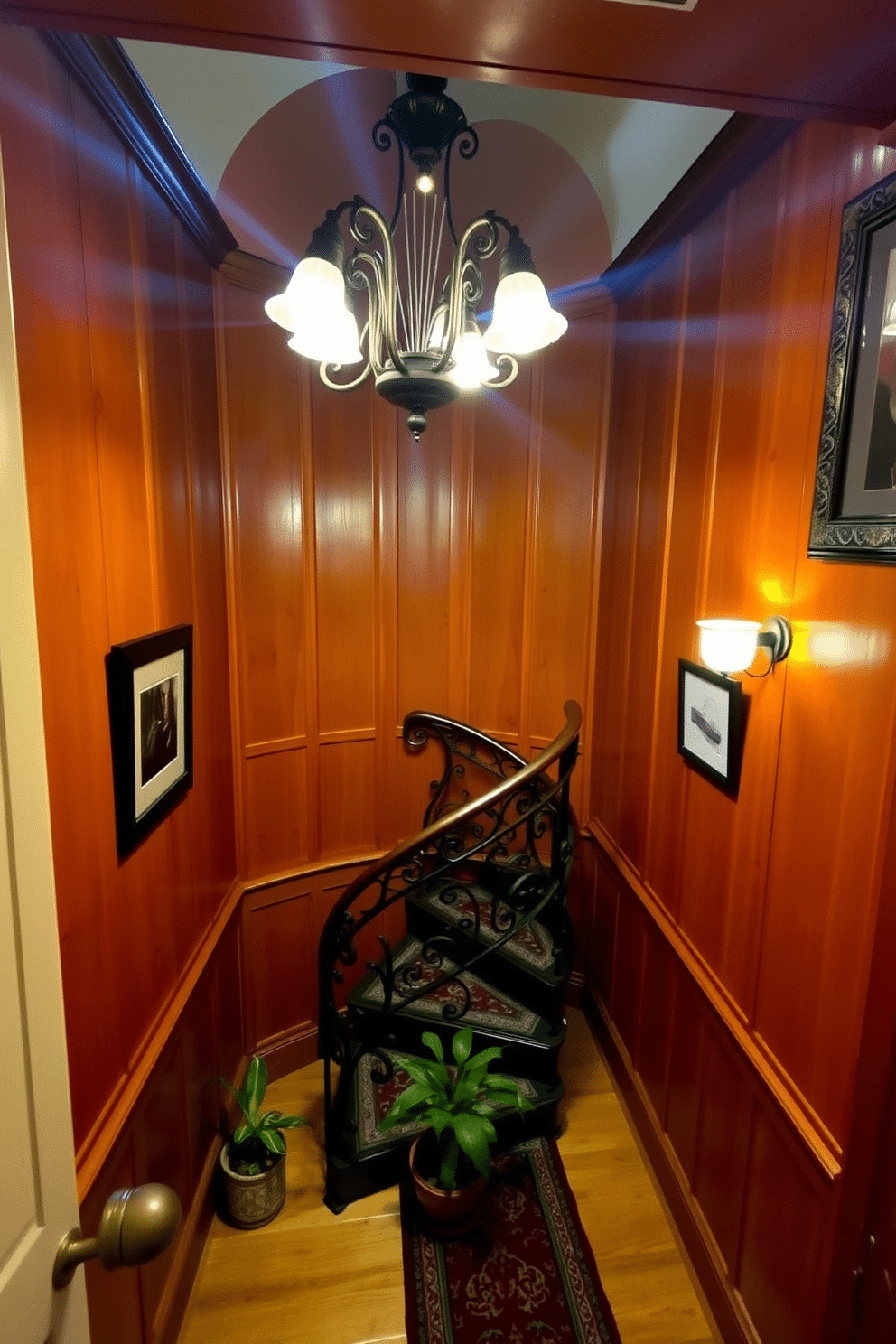 A narrow spiral staircase winds gracefully in a cozy nook, surrounded by warm wood paneling and soft ambient lighting. At the base, a small potted plant adds a touch of greenery, while the staircase features intricate wrought iron railings that enhance its vintage charm. The staircase is adorned with a richly patterned runner that complements the surrounding decor. Above, a vintage chandelier casts a warm glow, creating an inviting atmosphere that invites exploration of the upper levels.