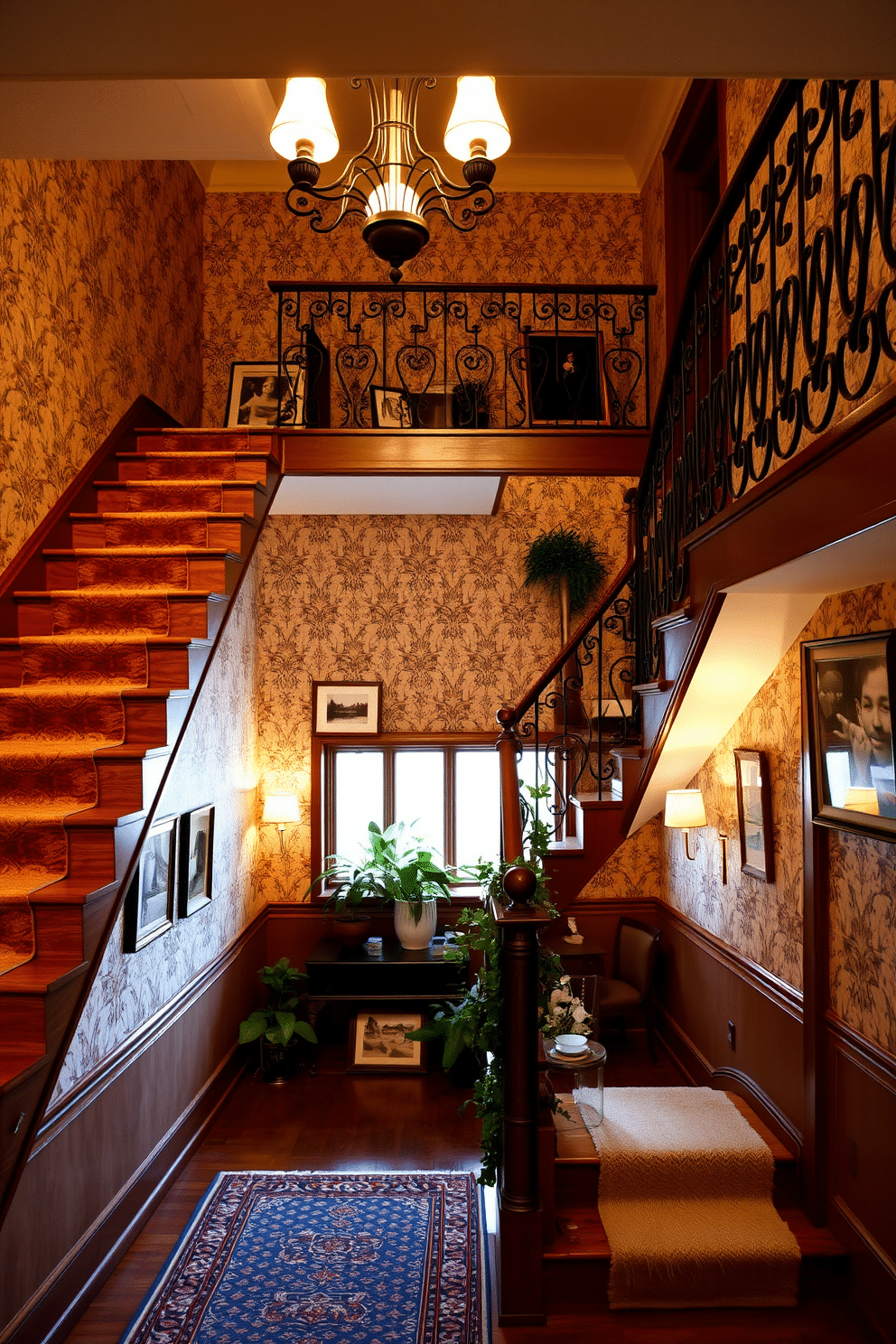 An open riser staircase with vintage charm features elegant wooden treads and a wrought iron railing that showcases intricate detailing. The walls are adorned with vintage wallpaper, and a warm chandelier hangs above, illuminating the staircase with a soft glow. At the base of the staircase, a plush area rug adds a touch of comfort, while framed black-and-white photographs line the walls, enhancing the nostalgic feel. Potted plants are strategically placed on the landing, bringing a touch of greenery and life to the space.