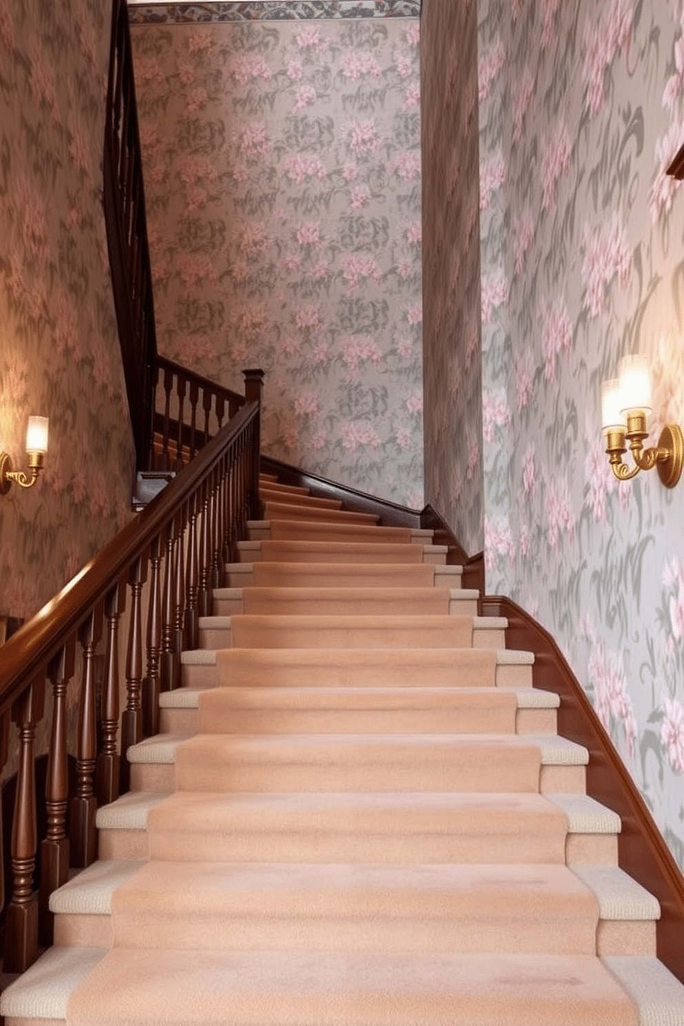 A grand staircase is adorned with vintage wallpaper featuring intricate floral patterns in soft pastel colors. The wooden banister is polished to a shine, complementing the rich hues of the wallpaper and creating an inviting atmosphere. The steps are carpeted in a plush, neutral-toned runner that adds warmth and comfort underfoot. Elegant sconces on the walls illuminate the space, casting a soft glow that highlights the vintage charm of the design.