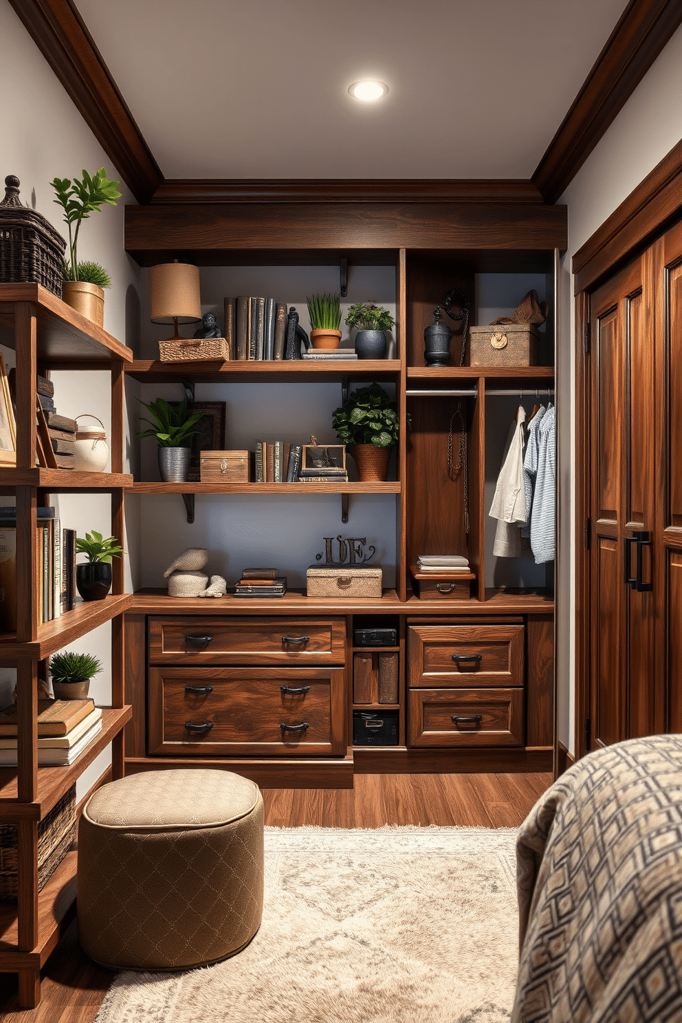 Rustic wooden shelves adorned with vintage accents create a warm and inviting atmosphere. The shelves are filled with an eclectic mix of antique books, decorative boxes, and potted plants, enhancing the charm of the space. The walk-in closet features rich wooden cabinetry with a distressed finish, showcasing vintage-inspired hardware. Soft lighting illuminates the area, highlighting a plush area rug and a stylish ottoman for a luxurious touch.