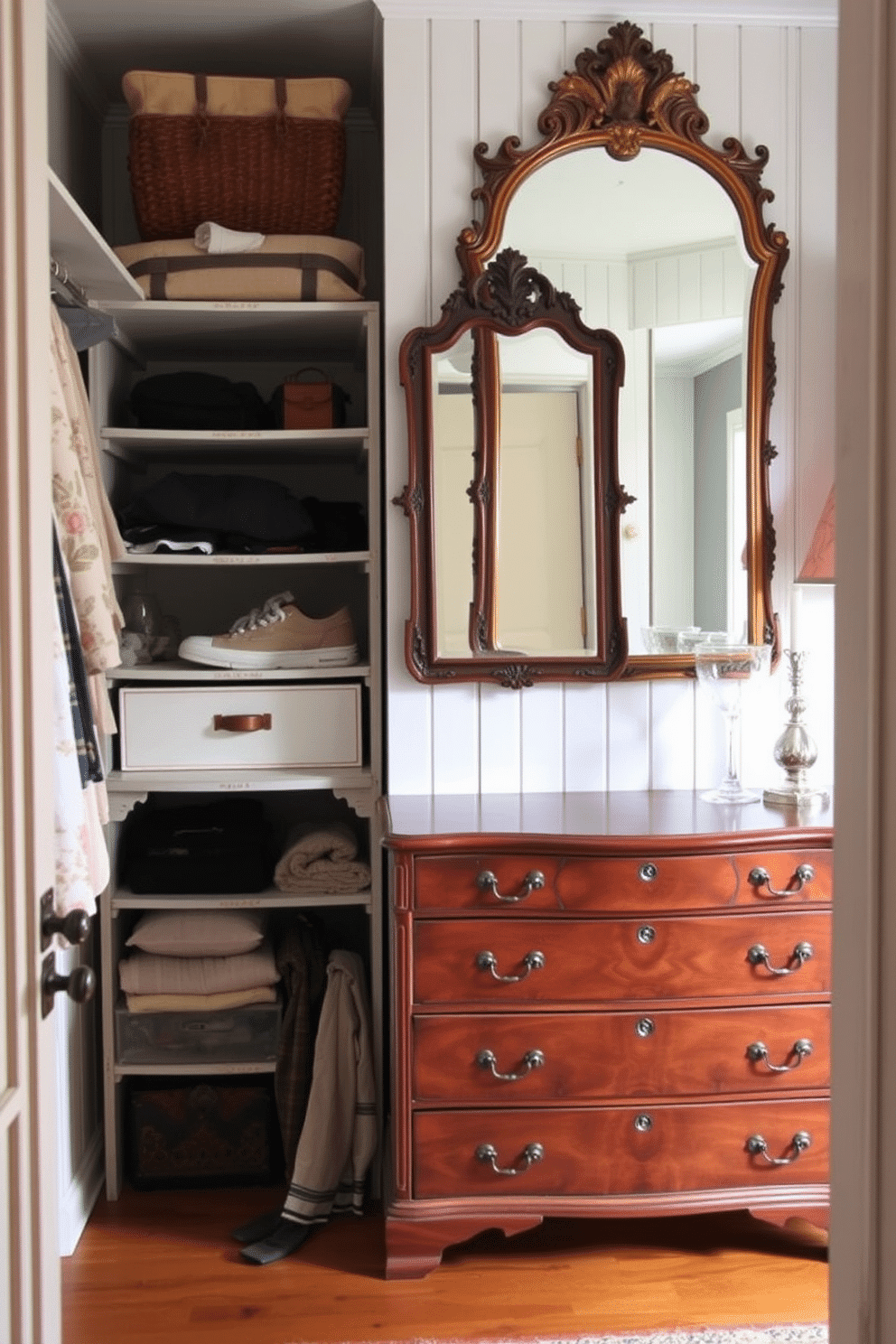 A vintage walk-in closet featuring repurposed furniture as closet organizers. The space includes a beautifully restored wooden dresser serving as a storage unit, with an antique mirror mounted above it, reflecting the soft ambient lighting.