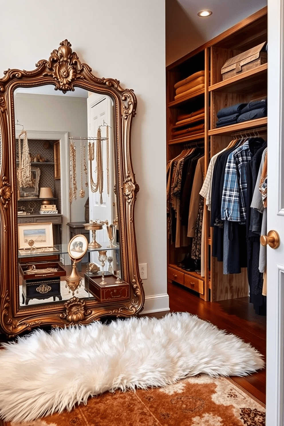 A vintage jewelry display is elegantly arranged on a large, ornate mirror, reflecting the shimmering gems and intricate designs of the pieces. The display features a mix of antique jewelry boxes and delicate stands, creating a charming and inviting atmosphere. The walk-in closet is designed with vintage charm, featuring reclaimed wood shelving and antique brass fixtures. Soft, ambient lighting highlights the curated collection of clothing and accessories, while a plush area rug adds warmth to the space.