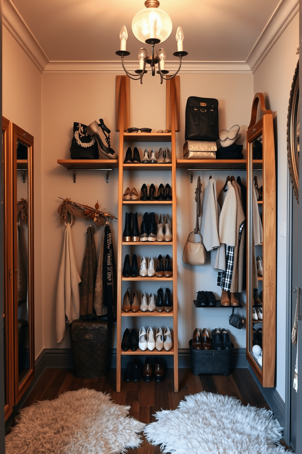 A stylish vintage walk-in closet features a ladder shelf elegantly displaying shoes and accessories. The warm wood tones of the shelf complement the soft, muted colors of the walls, creating a cozy and inviting atmosphere. The closet is adorned with antique mirrors and vintage lighting fixtures that enhance its charm. Plush rugs lay underfoot, adding a touch of luxury while providing comfort as you browse through your collection.