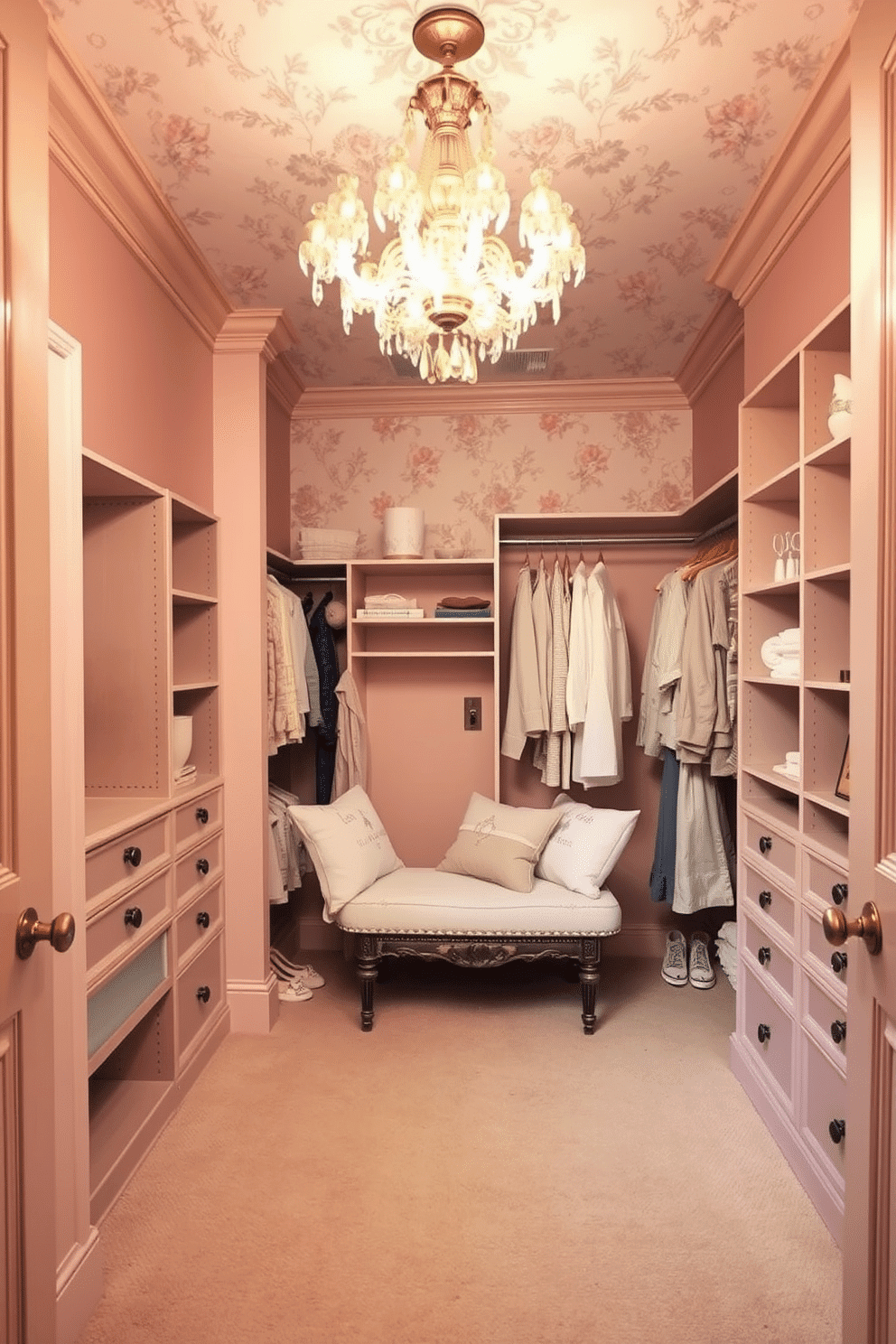 A vintage walk-in closet designed with soft pastel colors creates a serene and inviting atmosphere. The walls are painted in a gentle blush pink, complemented by a plush cream carpet that adds warmth underfoot. Antique wooden shelving and hanging rods provide ample storage, while delicate floral wallpaper accents the ceiling for a touch of elegance. A vintage chandelier hangs from above, casting a soft glow over a cozy seating area adorned with pastel cushions.