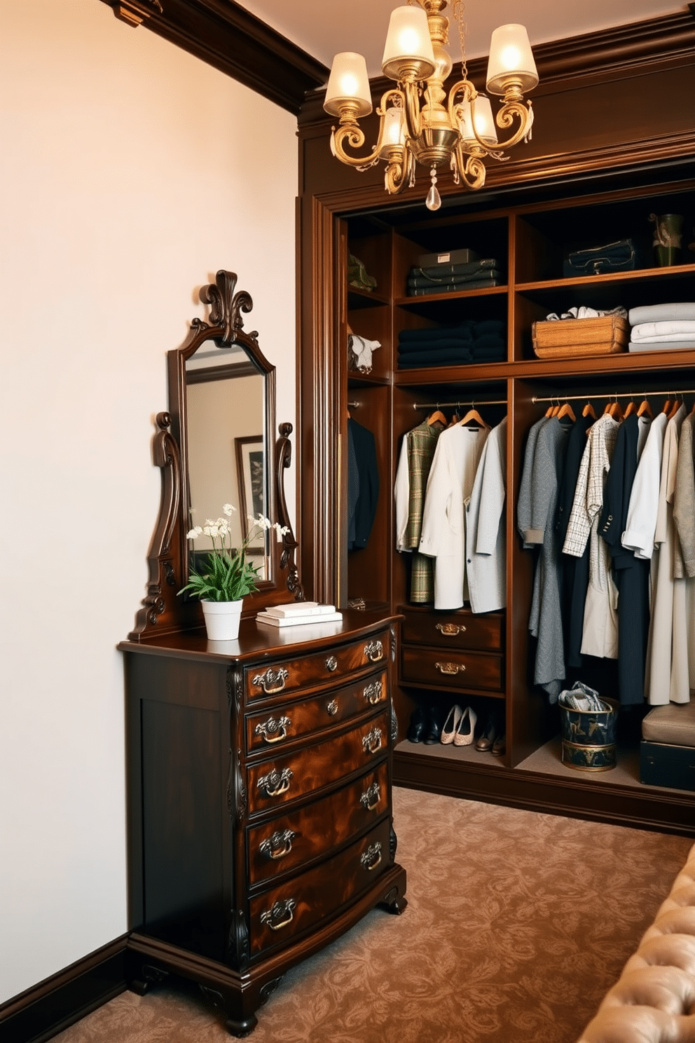 A beautifully crafted antique dresser made of dark walnut wood, featuring intricate carvings and brass handles, stands against a soft cream wall. The dresser is adorned with a vintage mirror and a small potted plant, creating an inviting and elegant atmosphere. A luxurious vintage walk-in closet with rich mahogany shelving and a plush carpet, illuminated by a chandelier, showcases a curated collection of designer clothing. The space is organized with elegant garment racks and a cozy seating area, providing both functionality and style.