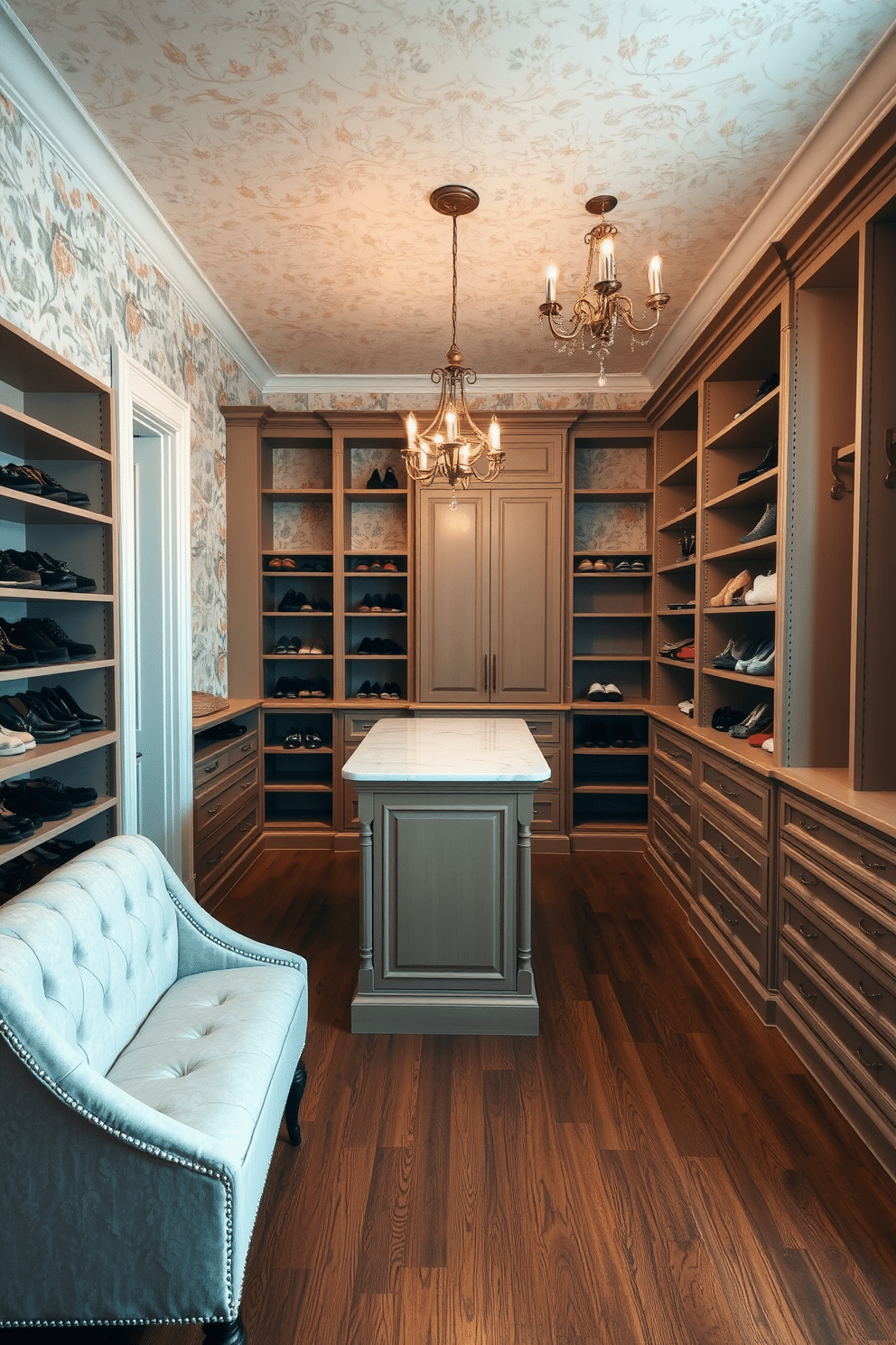 A vintage-inspired walk-in closet featuring ornate wallpaper with floral patterns in soft pastel colors. The space includes a central island with a marble top, surrounded by custom-built wooden shelving for shoes and accessories. Delicate lighting fixtures hang from the ceiling, casting a warm glow over the rich wooden floors. A plush, upholstered bench sits elegantly in the corner, inviting relaxation amidst the stylish organization.