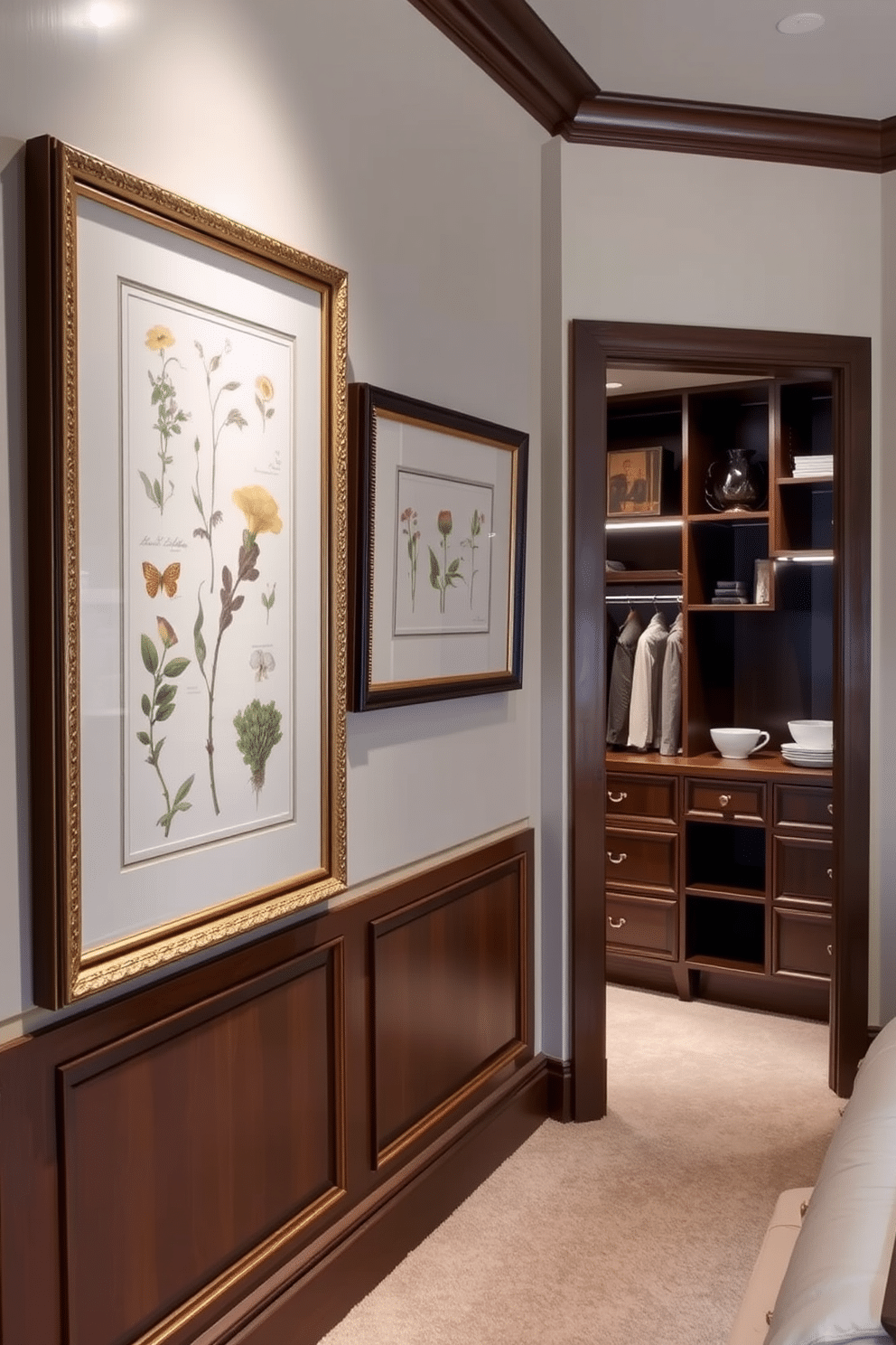 Framed vintage prints adorn the walls, showcasing an eclectic mix of botanical illustrations and classic art pieces. The frames are intricately designed in gold and dark wood, adding a touch of elegance to the space. The walk-in closet features custom cabinetry with a blend of open shelving and closed storage, providing both style and functionality. Soft LED lighting highlights the rich wood finishes and the plush carpet underfoot, creating a luxurious atmosphere.