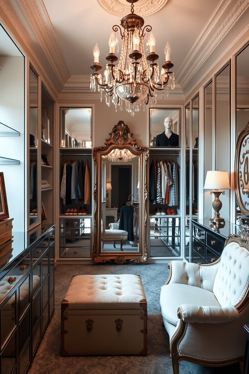 A luxurious walk-in closet featuring mirrored furniture that reflects light and adds a touch of glam. The space is adorned with elegant shelving, a plush seating area, and a stunning chandelier that enhances the opulent atmosphere. The walls are painted in a soft pastel hue, creating a serene backdrop for the vintage-inspired decor. Vintage trunks and ornate hangers showcase a curated collection of designer clothing and accessories, while a large, ornate mirror serves as a centerpiece, inviting glamour into the space.