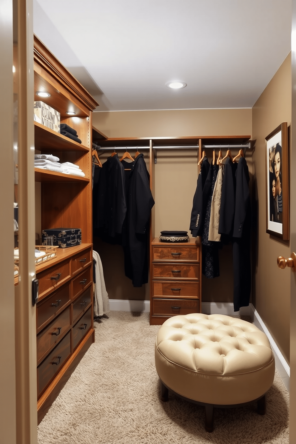 A vintage walk-in closet featuring artisan-crafted wooden hangers that showcase elegance and style. The space is adorned with soft lighting, highlighting the rich textures of the wooden shelves and the luxurious fabrics of the clothing displayed. The walls are painted in a warm, muted tone that complements the natural wood, creating a cozy yet sophisticated atmosphere. Plush carpeting underfoot adds comfort, while decorative elements like framed artwork and a chic ottoman enhance the overall design.