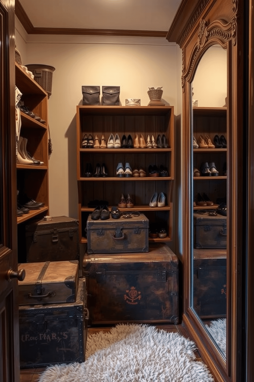 A cozy vintage walk-in closet featuring a collection of weathered trunks used for seasonal storage. The trunks are stacked in a corner, surrounded by elegant wooden shelving displaying an array of shoes and accessories. Soft lighting illuminates the space, highlighting the rich textures of the vintage fabrics and the warm wood tones. A plush area rug adds comfort underfoot, while a full-length mirror reflects the charming ambiance of this stylish storage solution.