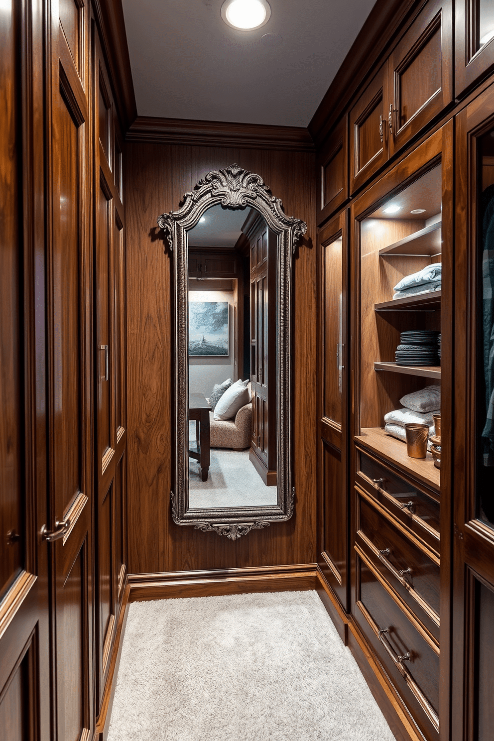 A chic antique mirror with a built-in shelf serves as a stunning focal point in the room. The mirror features intricate detailing and a distressed finish, while the shelf displays curated decor items and stylish accessories. The vintage walk-in closet design embraces timeless elegance with rich wood finishes and soft ambient lighting. Plush carpeting underfoot complements the elegant cabinetry, which is adorned with antique hardware and thoughtfully organized storage solutions.