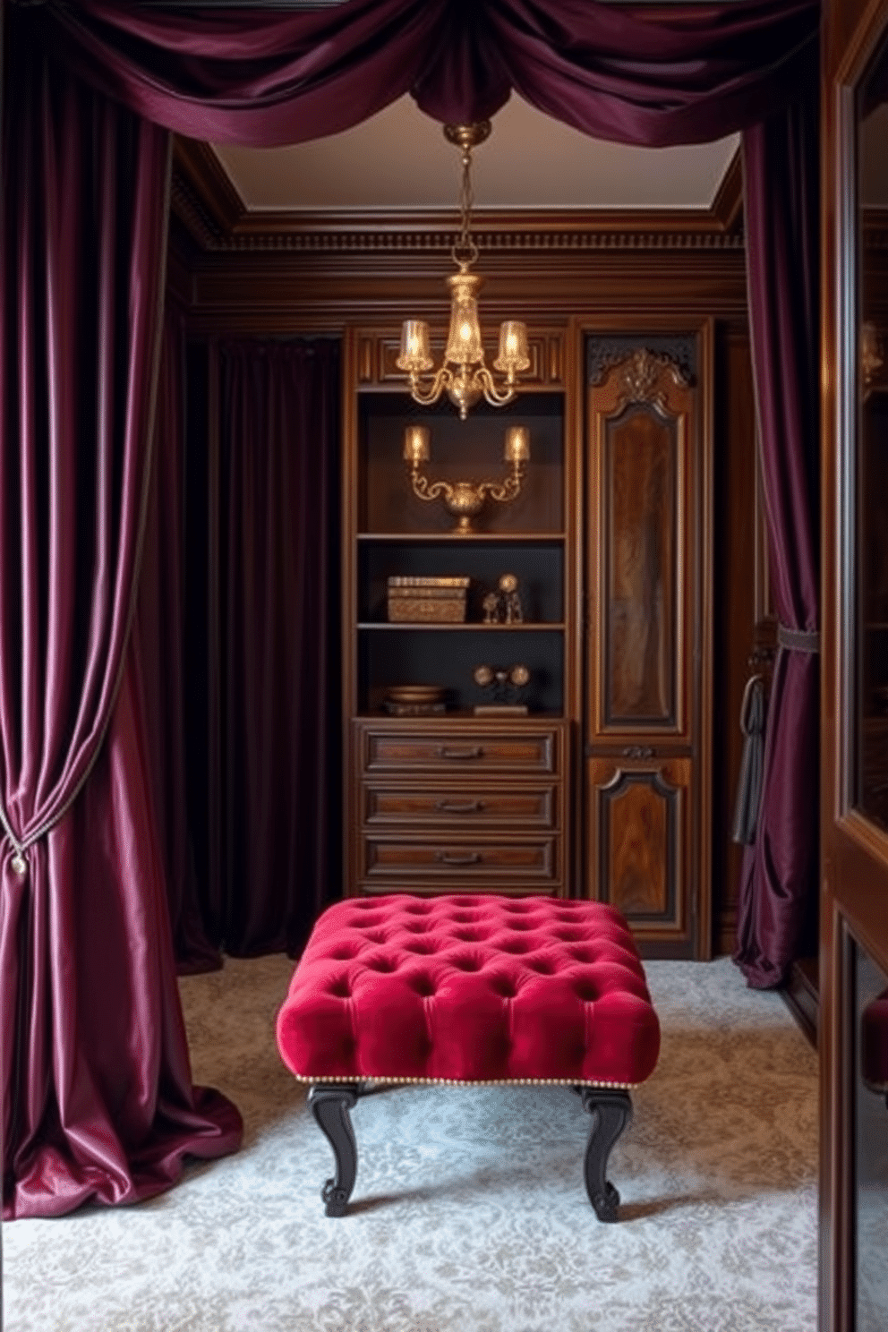 Elegant drapery for a luxurious feel. The curtains are made of rich, flowing silk in a deep jewel tone, cascading elegantly from a polished wooden rod. Vintage walk-in closet design ideas. The closet features antique wooden shelving, adorned with ornate moldings, and a plush velvet ottoman sits in the center, surrounded by vintage-inspired lighting fixtures.