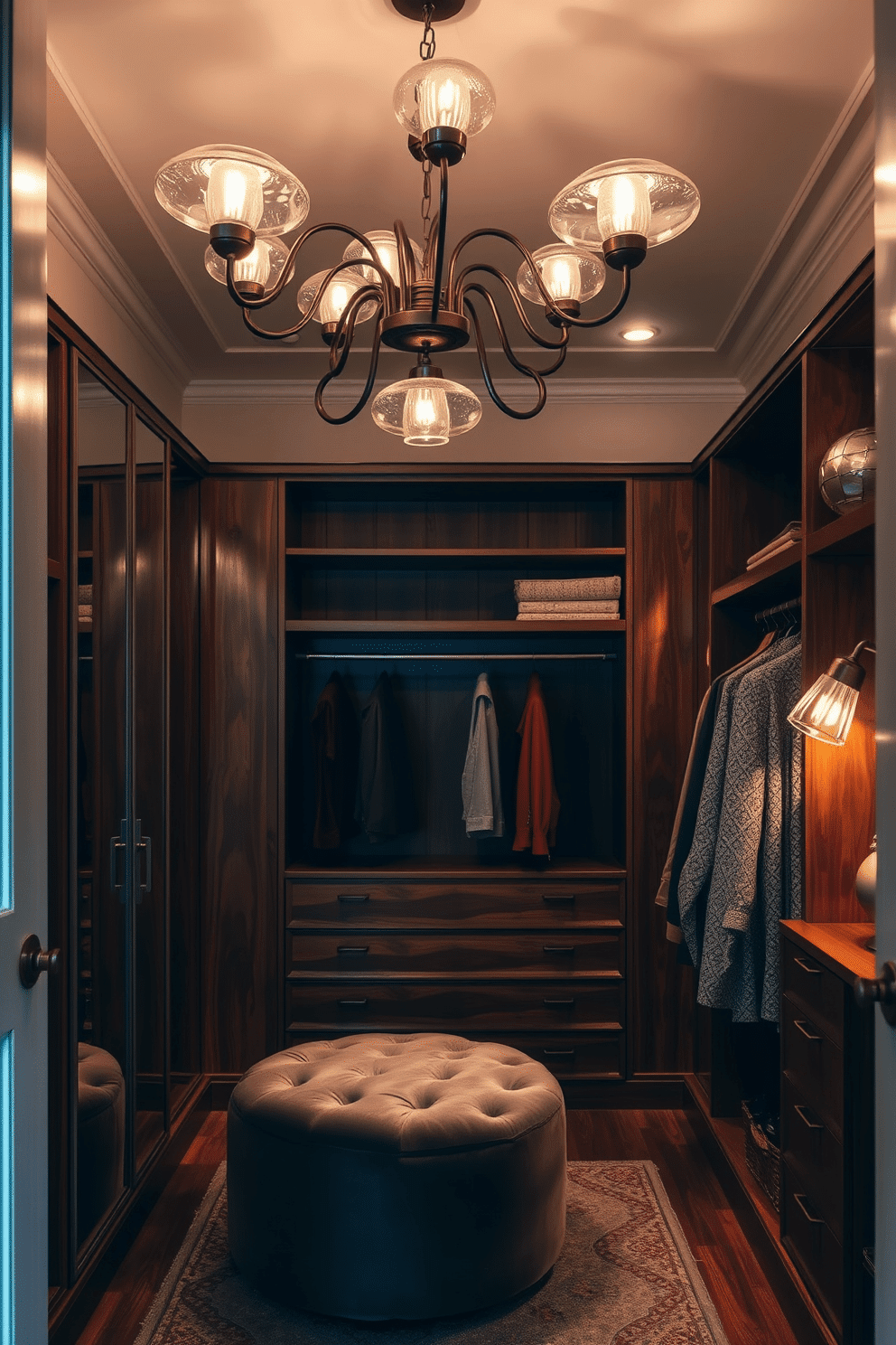 A vintage walk-in closet featuring unique lighting fixtures with retro flair. The space is adorned with a statement chandelier that combines glass and metal elements, casting a warm glow over the rich wooden shelving and plush velvet ottoman.