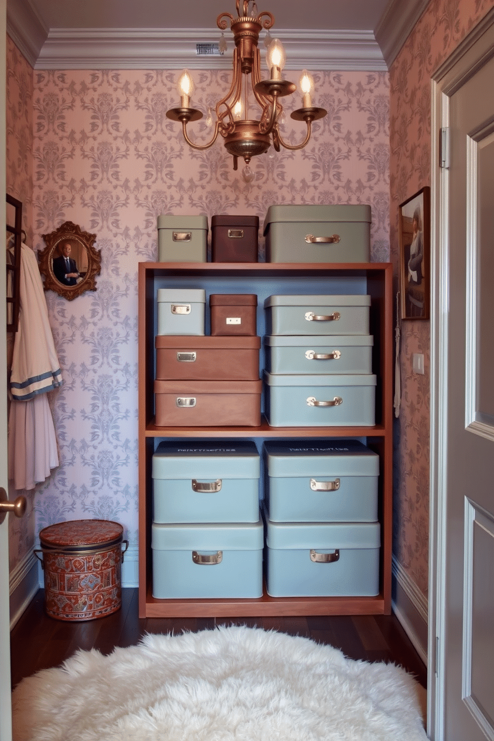 A vintage walk-in closet featuring chic organization with elegant hat boxes stacked neatly on a wooden shelf. The walls are adorned with soft pastel wallpaper, and a plush area rug adds warmth to the space, while a vintage chandelier provides a touch of glamour.