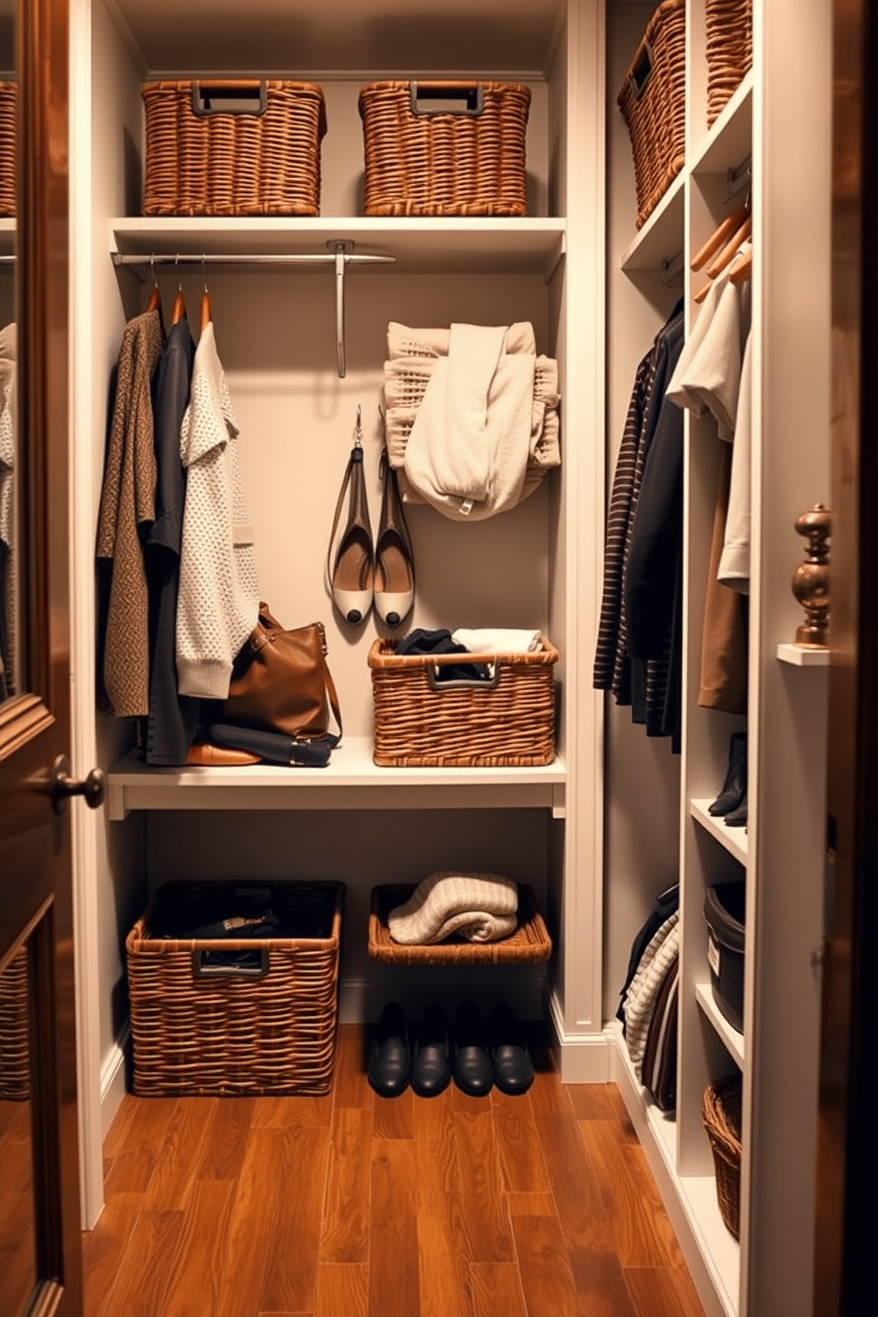 A vintage walk-in closet featuring stylish wicker baskets for easy access to accessories and clothing. The walls are adorned with soft, neutral tones, and the floor is finished with rich hardwood, creating a warm and inviting atmosphere.