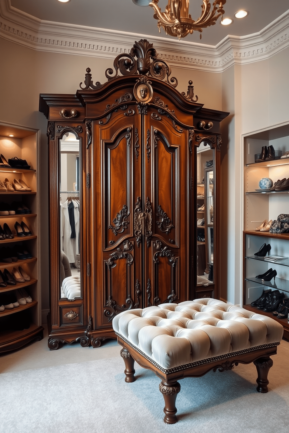 A stunning vintage walk-in closet featuring an ornate antique wardrobe as the statement piece. The wardrobe is crafted from rich mahogany, adorned with intricate carvings and brass hardware, creating a focal point against the soft pastel walls. Surrounding the wardrobe, elegant shelving displays an array of shoes and accessories, while a plush velvet ottoman invites relaxation. Ambient lighting highlights the wardrobe's details, enhancing the overall luxurious feel of the space.