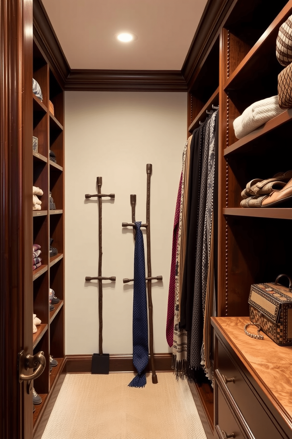 A vintage walk-in closet featuring decorative ladders for scarves and ties. The space is adorned with rich wooden shelving and soft, ambient lighting that accentuates the elegant display of accessories.