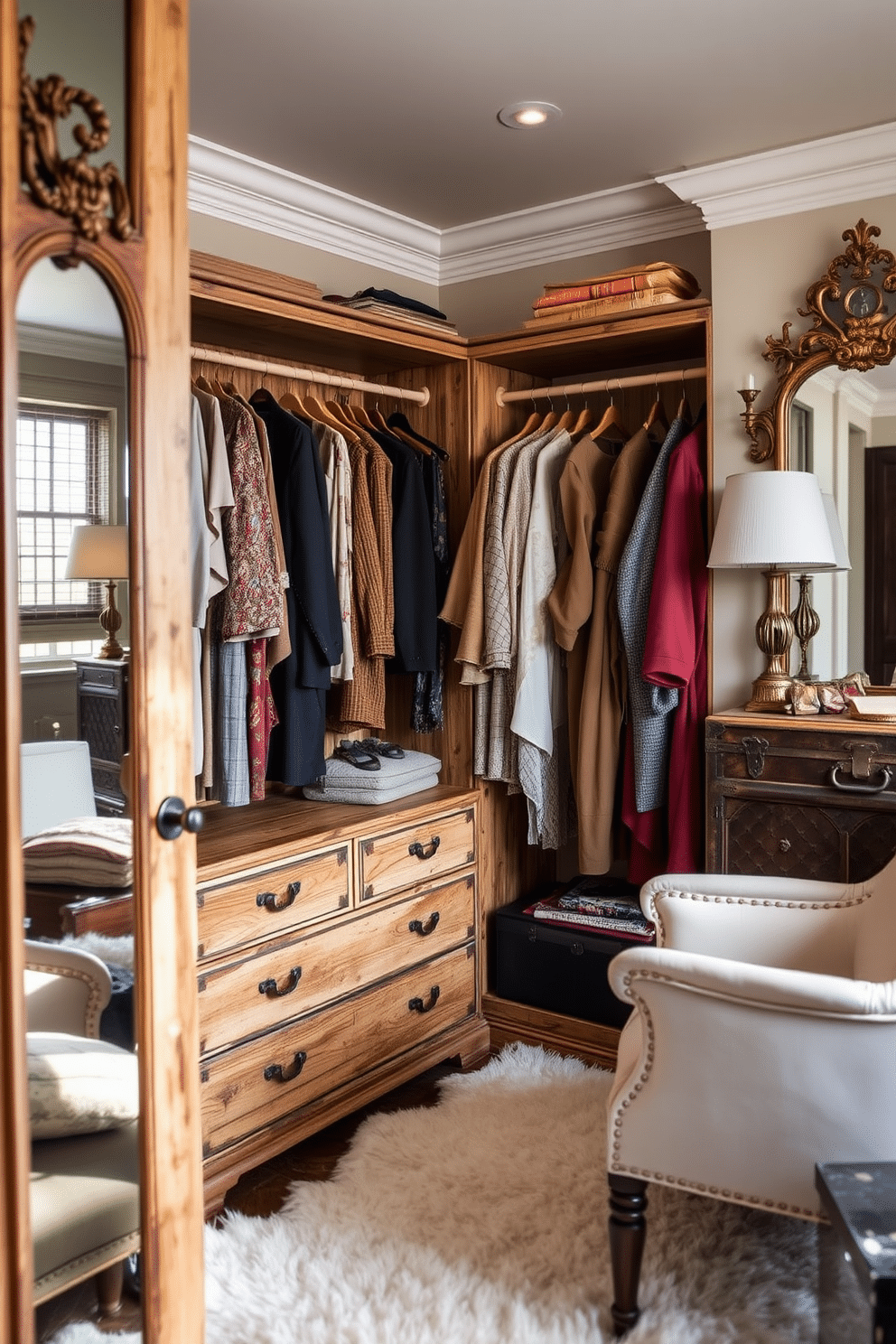 A vintage-inspired walk-in closet features elegantly crafted clothing racks made of distressed wood, showcasing an array of stylish garments. Soft, ambient lighting highlights the rich textures of the vintage fabrics, while a plush area rug adds warmth underfoot. The walls are adorned with antique mirrors, creating a sense of spaciousness and reflecting the carefully curated outfits. Decorative elements like a vintage trunk and a chic armchair invite relaxation, making the space both functional and inviting.