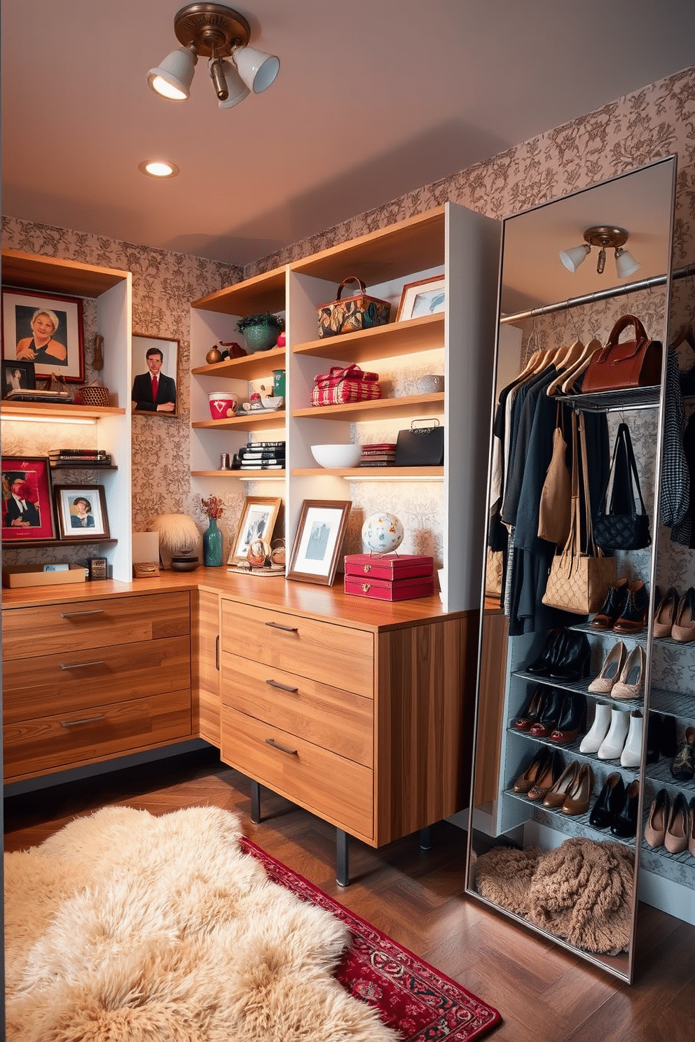 An eclectic walk-in closet design featuring a blend of vintage and modern elements. The space includes a mid-century wooden dresser paired with sleek, contemporary shelving units, all adorned with colorful accessories and unique decor items. Soft, ambient lighting highlights the rich textures of a plush area rug and the intricate patterns of a vintage wallpaper. A stylish full-length mirror stands against one wall, reflecting the curated collection of shoes and handbags displayed on modern racks.