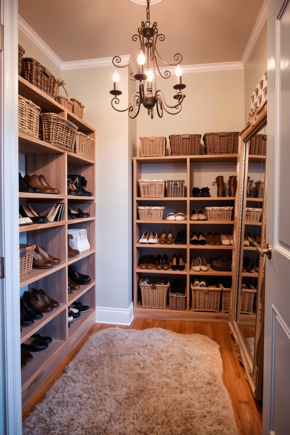 A vintage walk-in closet features open shelving adorned with decorative baskets, creating an organized yet stylish display. The walls are painted in a soft pastel hue, while a plush area rug adds warmth underfoot, enhancing the inviting atmosphere. The shelving is crafted from reclaimed wood, showcasing an array of neatly arranged shoes and accessories. A vintage chandelier hangs from the ceiling, casting a warm glow over the space, while a full-length mirror reflects the elegant design.