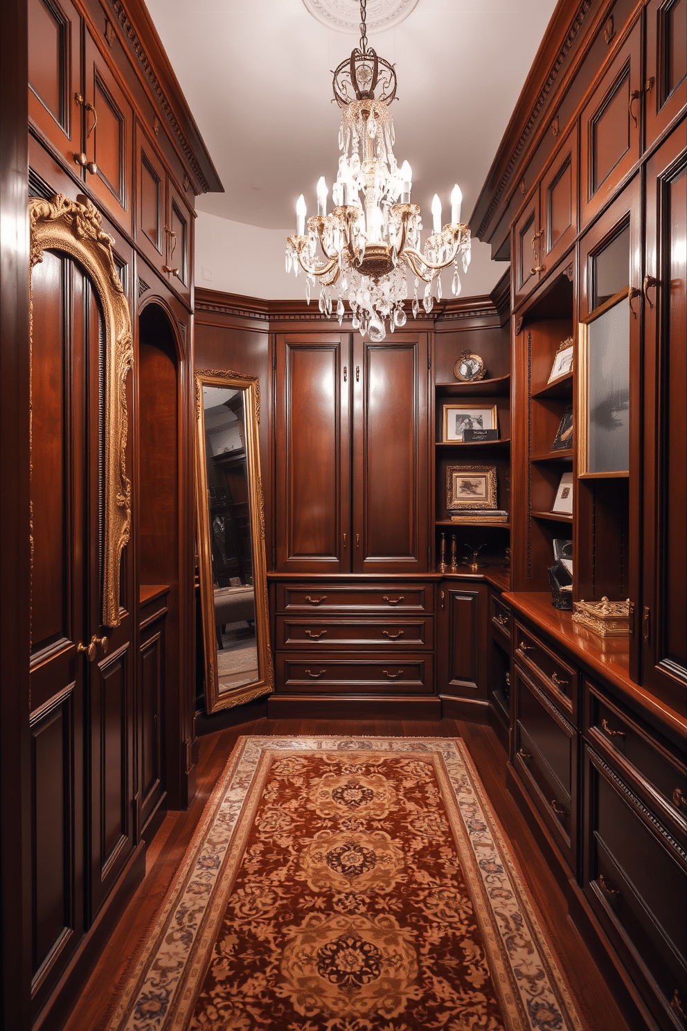 A vintage walk-in closet featuring rich mahogany cabinetry with ornate detailing and brass hardware. The space is illuminated by a crystal chandelier, casting a warm glow over a plush, patterned area rug that complements the wood tones. On one side, a full-length antique mirror is framed in gold, adding elegance to the room. Shelves are adorned with personalized artwork and decorative boxes, showcasing your unique style and creating a curated feel.