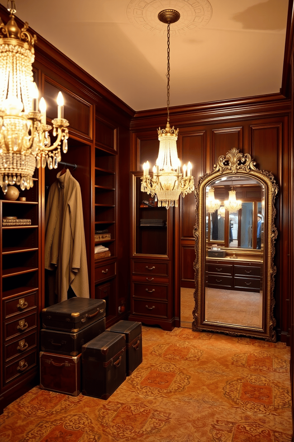 A stunning vintage walk-in closet featuring elegant chandeliers that cast a warm glow over the space. The walls are adorned with rich, dark wood paneling, and the floor is covered with plush, patterned carpeting. The closet showcases custom-built shelving and hanging space, with vintage suitcases artfully stacked in one corner. A large, ornate mirror reflects the beauty of the chandeliers, enhancing the room's charm and sophistication.