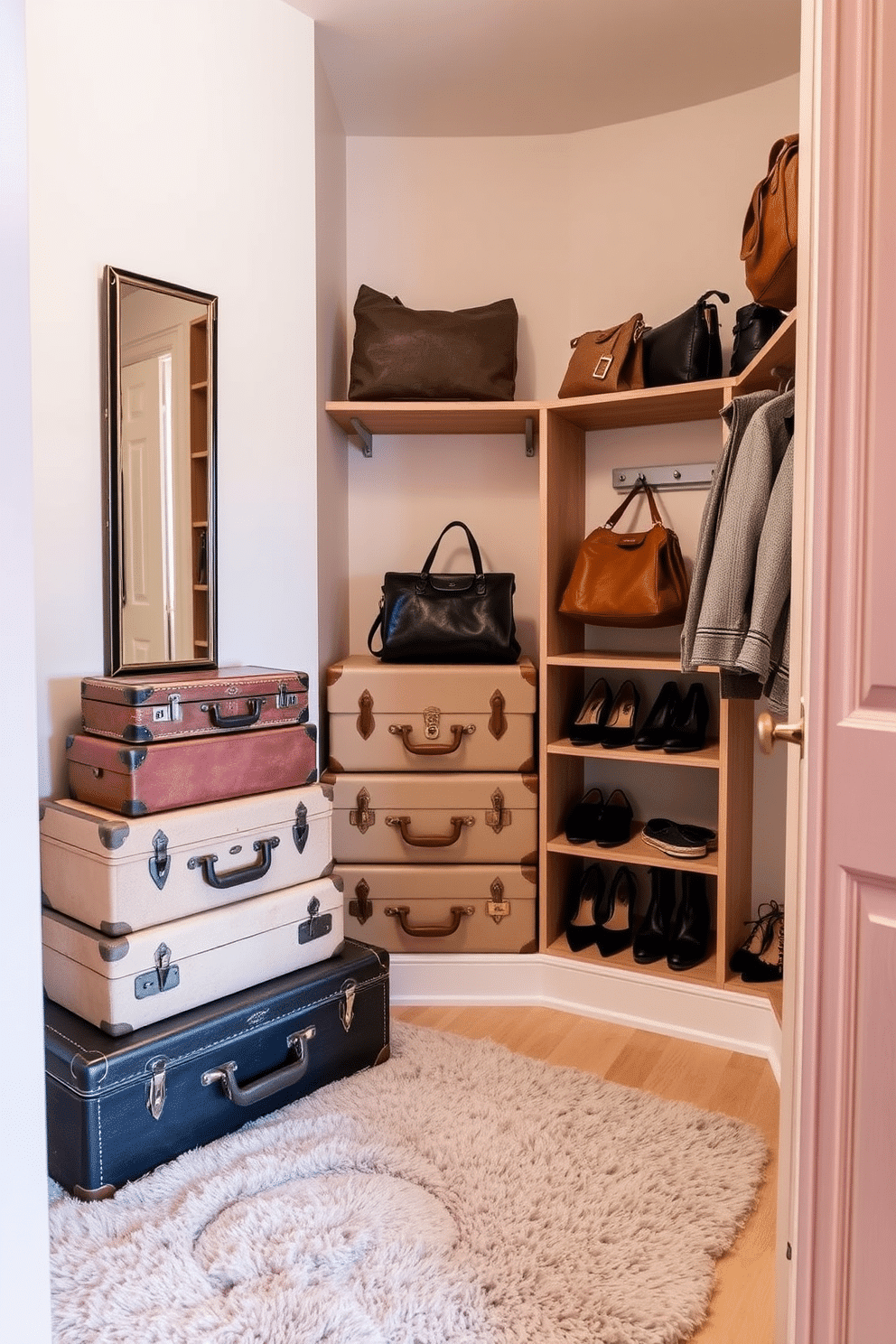 A charming walk-in closet designed with vintage suitcases as stylish storage solutions. The walls are painted in a soft pastel hue, and the floor is adorned with a plush area rug that complements the overall aesthetic. The vintage suitcases are stacked creatively in one corner, serving as both decor and functional storage for accessories. Elegant wooden shelves display shoes and handbags, while a full-length mirror reflects the cozy ambiance of the space.