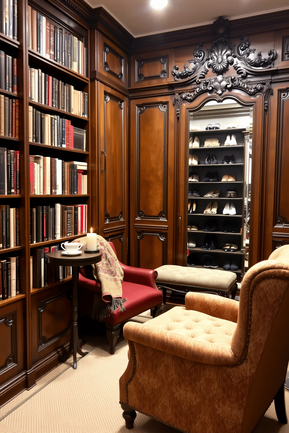 A classic armchair upholstered in rich, textured fabric sits in a cozy nook, perfectly positioned beside a tall bookshelf filled with well-loved novels. A soft, patterned throw blanket drapes over the armrest, while a small side table holds a steaming cup of tea and a flickering candle, creating an inviting atmosphere. The vintage walk-in closet features ornate wooden cabinetry with intricate carvings, complemented by a plush, tufted bench in the center. Soft, ambient lighting illuminates the space, highlighting the carefully organized shelves filled with stylish shoes and accessories, while a large, ornate mirror adds a touch of elegance.