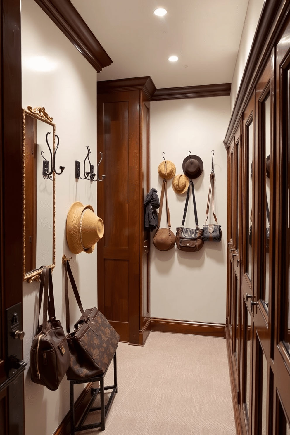 A vintage walk-in closet features wall-mounted hooks elegantly arranged for hats and bags, providing both functionality and style. The space is adorned with rich wooden cabinetry, antique mirrors, and soft lighting that enhances the classic charm of the design.