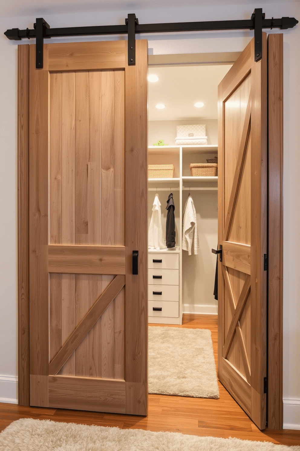 A luxurious walk-in closet featuring distressed wood sliding barn doors that seamlessly blend rustic charm with modern elegance. Inside, custom shelving and hanging rods create a functional yet stylish space, complemented by soft lighting and a plush area rug.