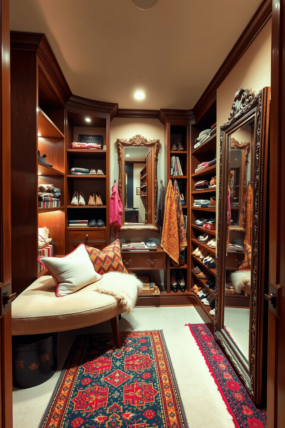 A cozy walk-in closet adorned with colorful vintage rugs that add warmth and character. The space features elegant wooden shelving and a plush seating area, illuminated by soft, ambient lighting. The walls are painted in a soft pastel hue, complementing the vibrant patterns of the rugs. A large mirror with a decorative frame reflects the stylish organization of shoes and accessories, creating an inviting atmosphere.