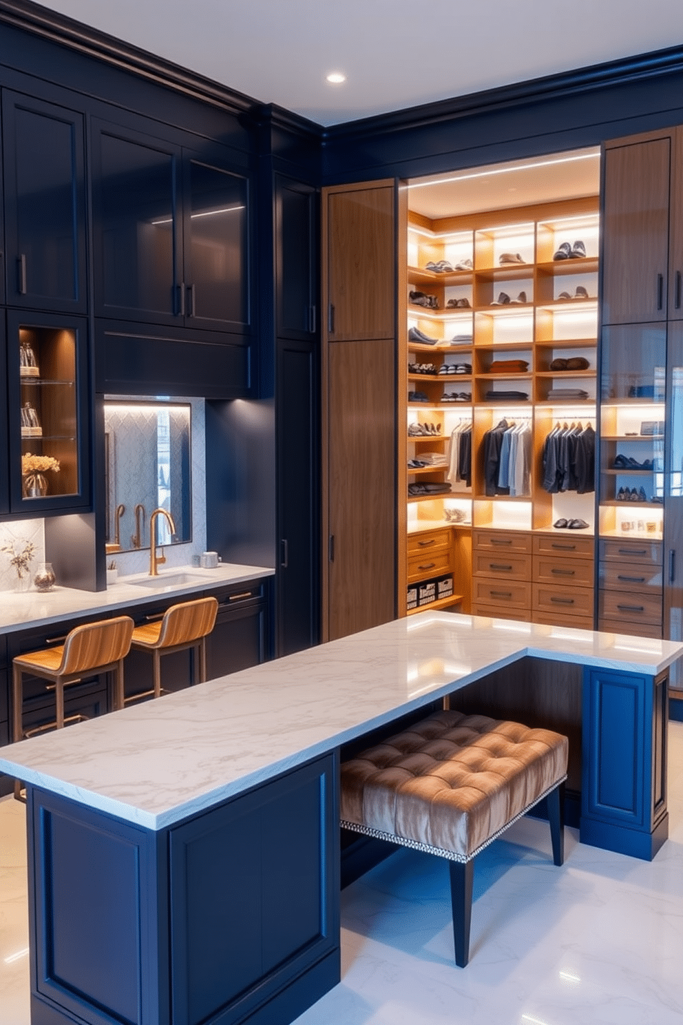 A spacious kitchen island features a stunning marble countertop that extends into a casual dining area with elegant bar stools. The cabinetry surrounding the island is a blend of deep navy and warm wood tones, creating a striking contrast against the bright, airy backdrop of the room. The walk-in closet is designed with custom shelving and soft LED lighting that highlights the luxurious finishes. A plush ottoman sits in the center, surrounded by organized sections for shoes, accessories, and clothing, ensuring both functionality and style.