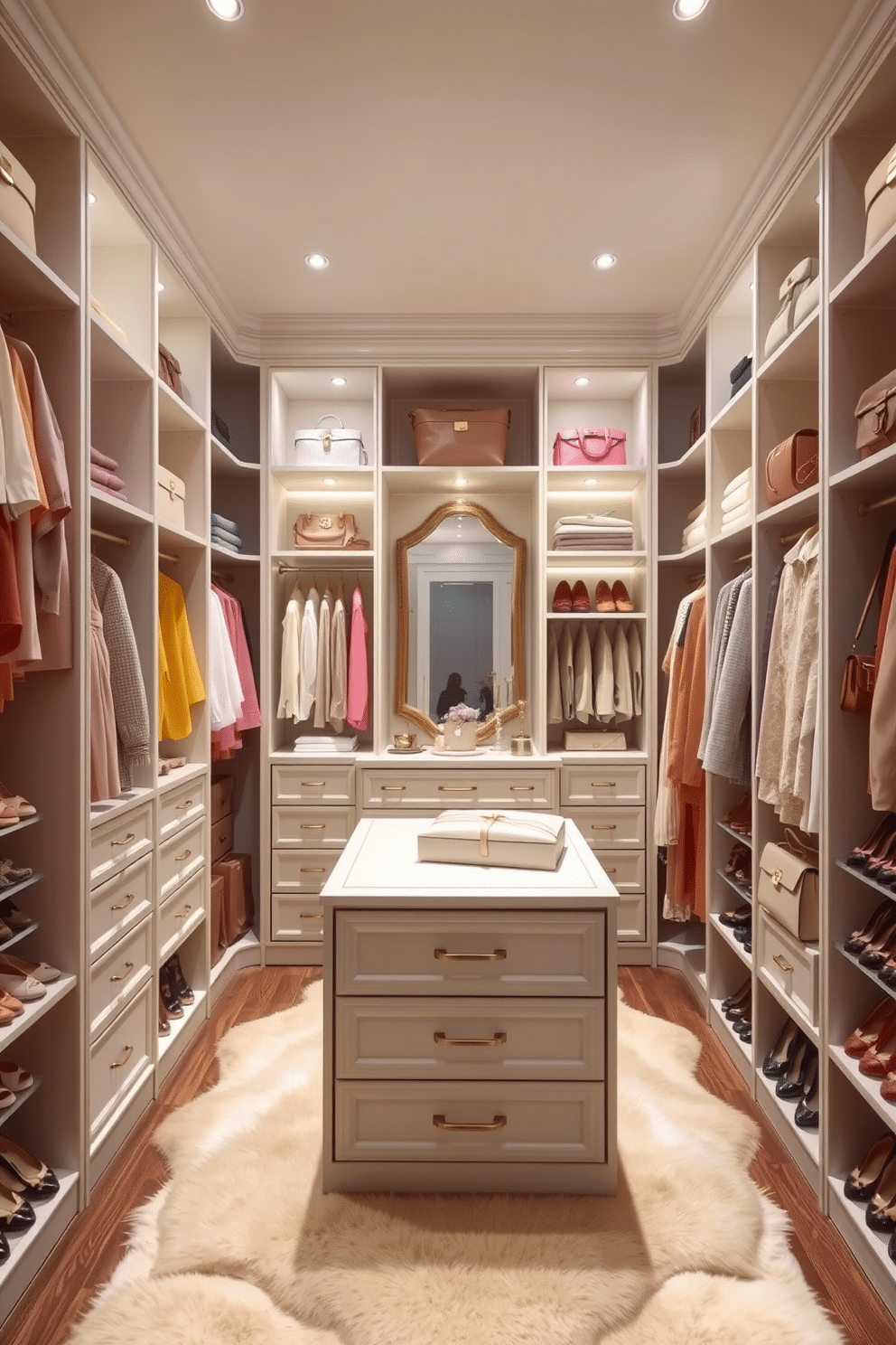 A stylish walk-in closet featuring a color-coordinated clothing arrangement. Elegant shelving units display neatly organized garments in shades of soft pastels, while a plush area rug adds warmth to the space. The closet includes a central island with drawers for accessories, topped with a chic mirror for styling. Soft, ambient lighting highlights the organized rows of shoes and handbags, creating a luxurious atmosphere.