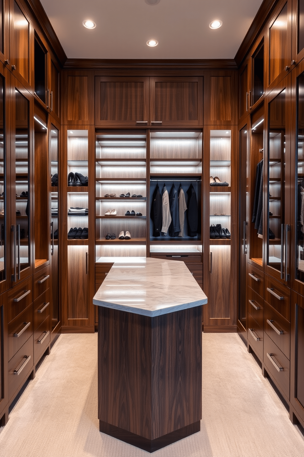 A luxurious walk-in closet featuring rich walnut wood cabinetry with sleek, modern hardware. Soft LED lighting highlights the elegant finishes, creating a warm and inviting atmosphere. The closet includes a spacious island in the center topped with a polished marble surface, providing ample space for accessories and jewelry. Custom shelving and hanging solutions are designed to maximize storage while maintaining a clean and organized aesthetic.