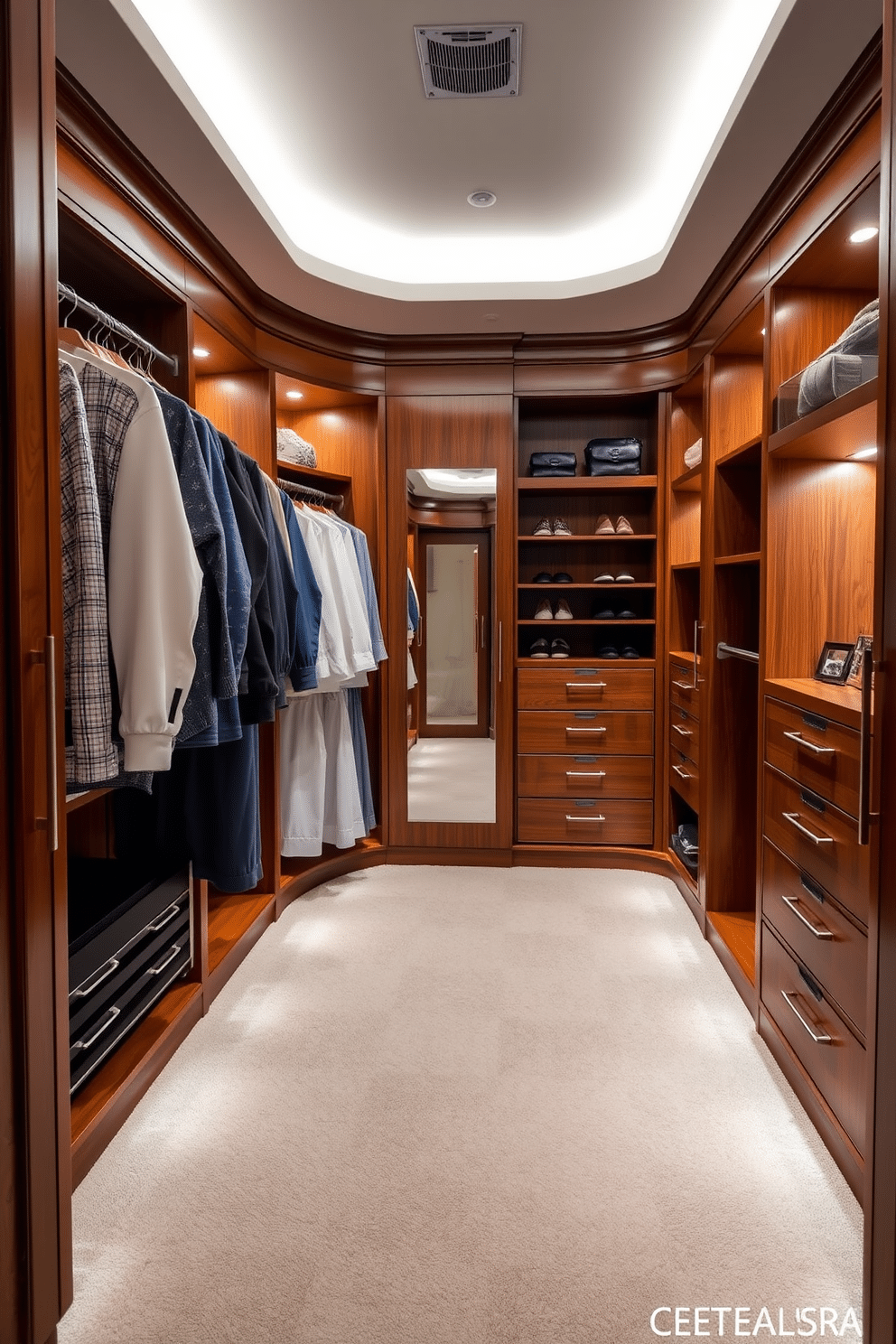 A luxurious walk-in closet featuring dual-sided hanging rods for optimal organization and efficiency. The space is illuminated by soft LED lighting, highlighting the rich wooden cabinetry and plush carpet underfoot. On one side, neatly arranged garments hang on the rods, while the opposite side showcases a stylish shoe display and accessory drawers. A full-length mirror is positioned at the end of the closet, adding a touch of elegance and functionality.