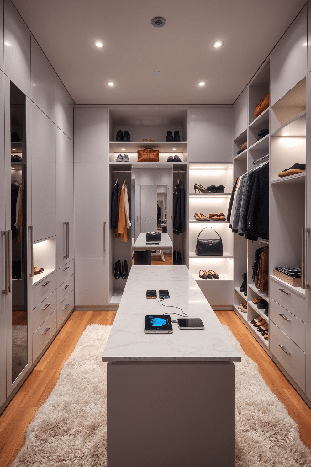 A modern walk-in closet featuring an integrated charging station for devices. The space is designed with sleek cabinetry, ample shelving, and a central island topped with a marble surface, where devices can be charged discreetly. The closet is illuminated with soft, ambient lighting that highlights the organized arrangement of shoes, bags, and accessories. A plush rug lies underfoot, adding warmth, while a full-length mirror reflects the stylish setup.