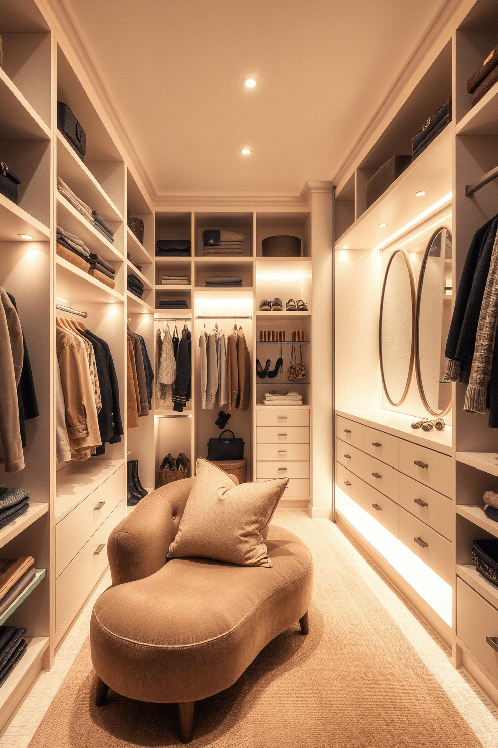 A walk-in closet designed for comfort features soft, ambient lighting that creates a warm and inviting atmosphere. The space is adorned with custom shelving and hanging areas, allowing for an organized display of clothing and accessories. Plush seating is incorporated, providing a cozy nook for relaxation amidst the wardrobe. Elegant mirrors are strategically placed to enhance the light and give the illusion of a larger space.