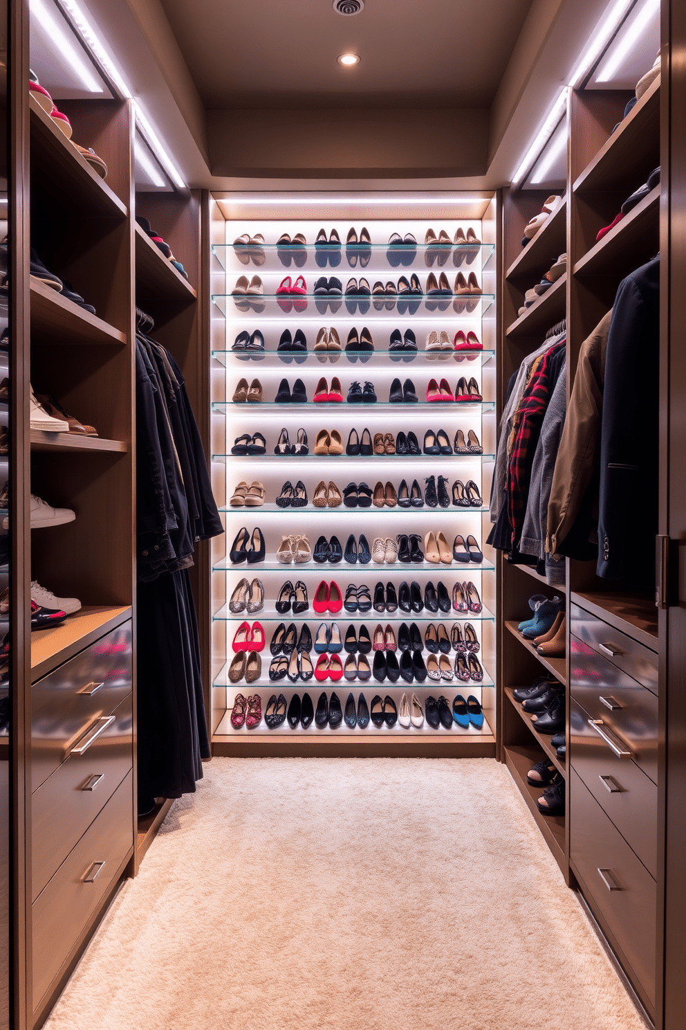 A personalized shoe display featuring sleek, custom shelving illuminated by soft LED lights creates a stunning focal point in the walk-in closet. The shelves are designed to showcase an extensive collection of shoes, arranged by color and style, enhancing both aesthetics and accessibility. The walk-in closet boasts a luxurious layout with a combination of open shelving and closed cabinetry for a clean, organized look. Plush carpeting underfoot and elegant lighting fixtures add warmth and sophistication, making the space both functional and inviting.