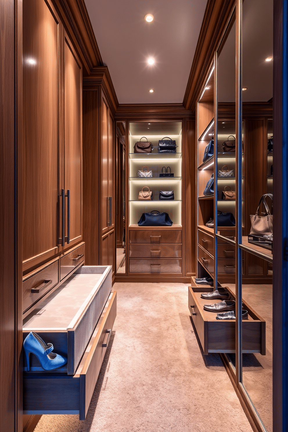 A luxurious walk-in closet featuring velvet-lined drawers for delicate items, designed for both functionality and elegance. The space is illuminated by soft, ambient lighting, highlighting the rich textures of the cabinetry and the plush carpet underfoot. The closet includes custom shelving for shoes and accessories, with a dedicated area for displaying handbags. Mirrored panels reflect the light, creating an illusion of spaciousness while enhancing the overall sophistication of the design.