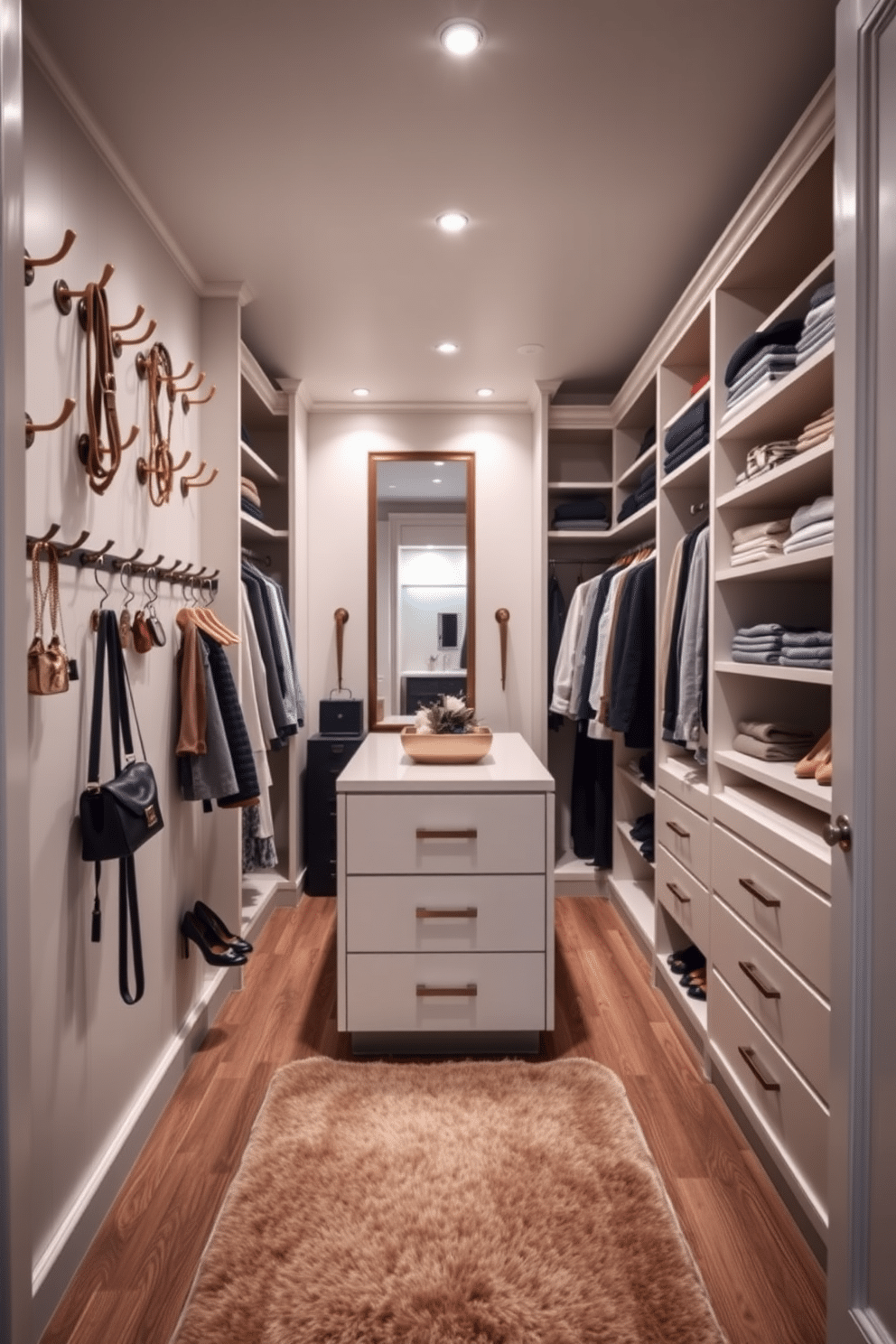 A stylish walk-in closet features wall-mounted hooks elegantly arranged for accessories, providing both functionality and aesthetic appeal. Soft lighting highlights the organized space, while a plush rug adds warmth underfoot. The walls are lined with custom shelving, showcasing neatly folded garments and shoes, complemented by a central island for additional storage. A full-length mirror reflects the chic design, enhancing the overall spacious feel of the closet.