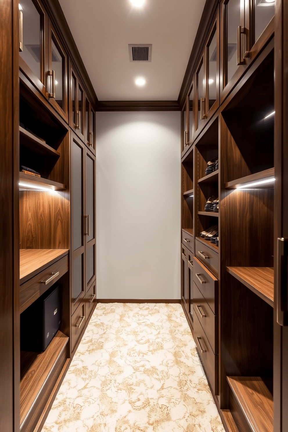 A luxurious walk-in closet featuring hidden compartments for valuables. The space is adorned with custom cabinetry in a rich walnut finish, providing both elegance and functionality. Soft LED lighting illuminates the interior, highlighting a plush carpet underfoot. Thoughtful design elements include a hidden safe discreetly integrated into the shelving, ensuring security without compromising style.