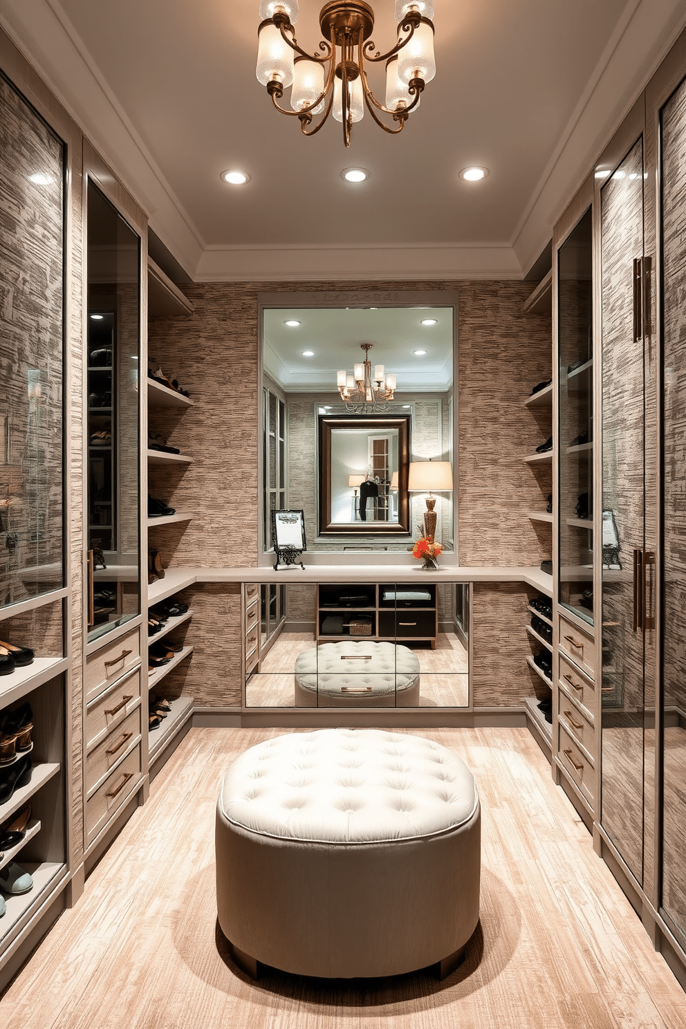 A luxurious walk-in closet featuring textured wallpaper that adds depth and character to the space. The walls are adorned with a soft, neutral-toned fabric wallpaper, while custom cabinetry provides ample storage for shoes and accessories. In the center, a plush ottoman invites relaxation, and elegant lighting fixtures create a warm ambiance. A large mirror reflects the stylish design, enhancing the overall sophistication of the closet.