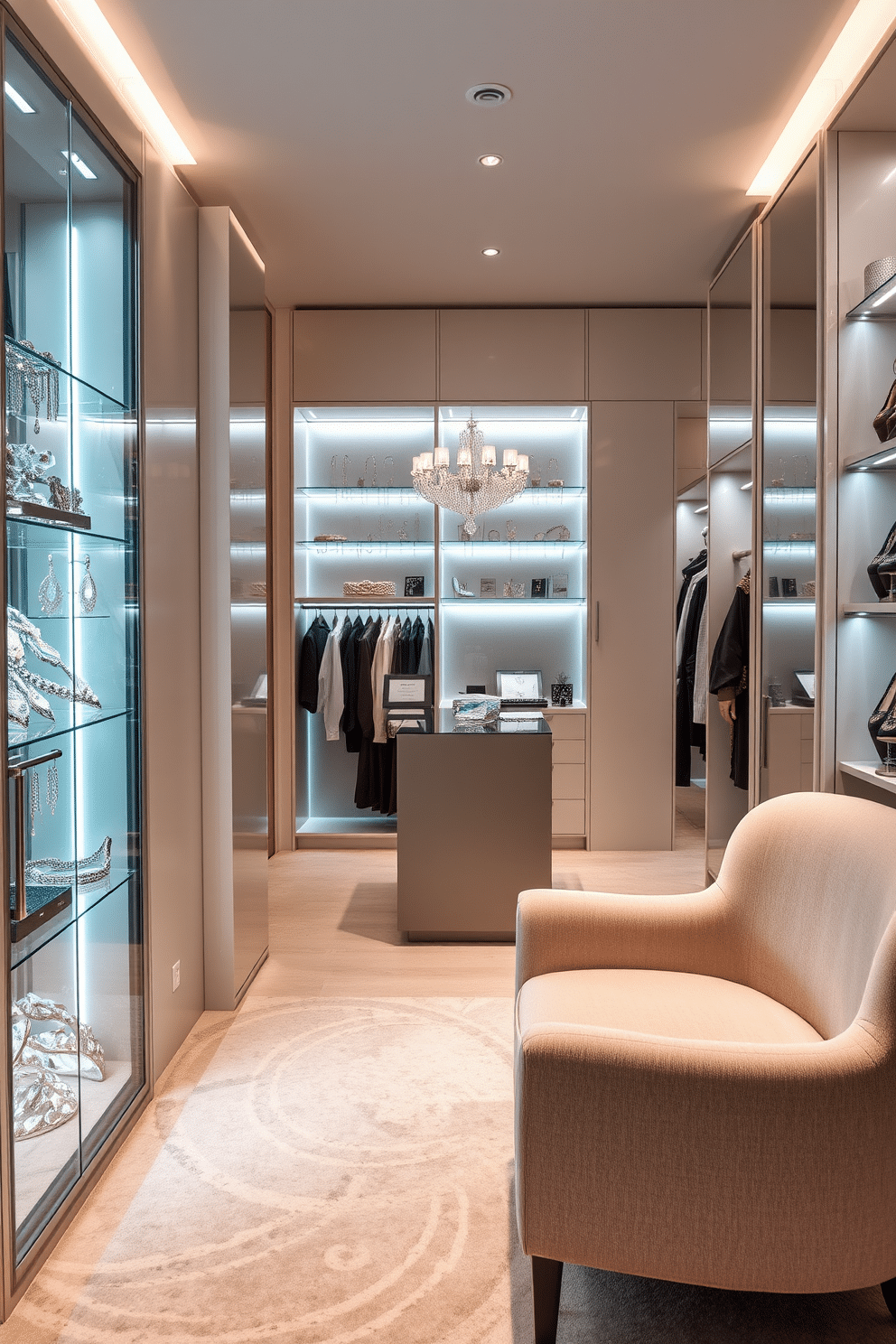 A sleek glass display cabinet showcases an array of exquisite jewelry pieces, illuminated by soft LED lighting that highlights the brilliance of each item. The cabinet features elegant shelving and a mirrored back, enhancing the visual appeal and providing an organized view of the collection. The walk-in closet is designed with custom cabinetry, offering ample storage for clothing and accessories, with a chic island in the center for added functionality. Soft, ambient lighting creates a warm atmosphere, while a plush seating area invites relaxation amidst the luxury of the space.