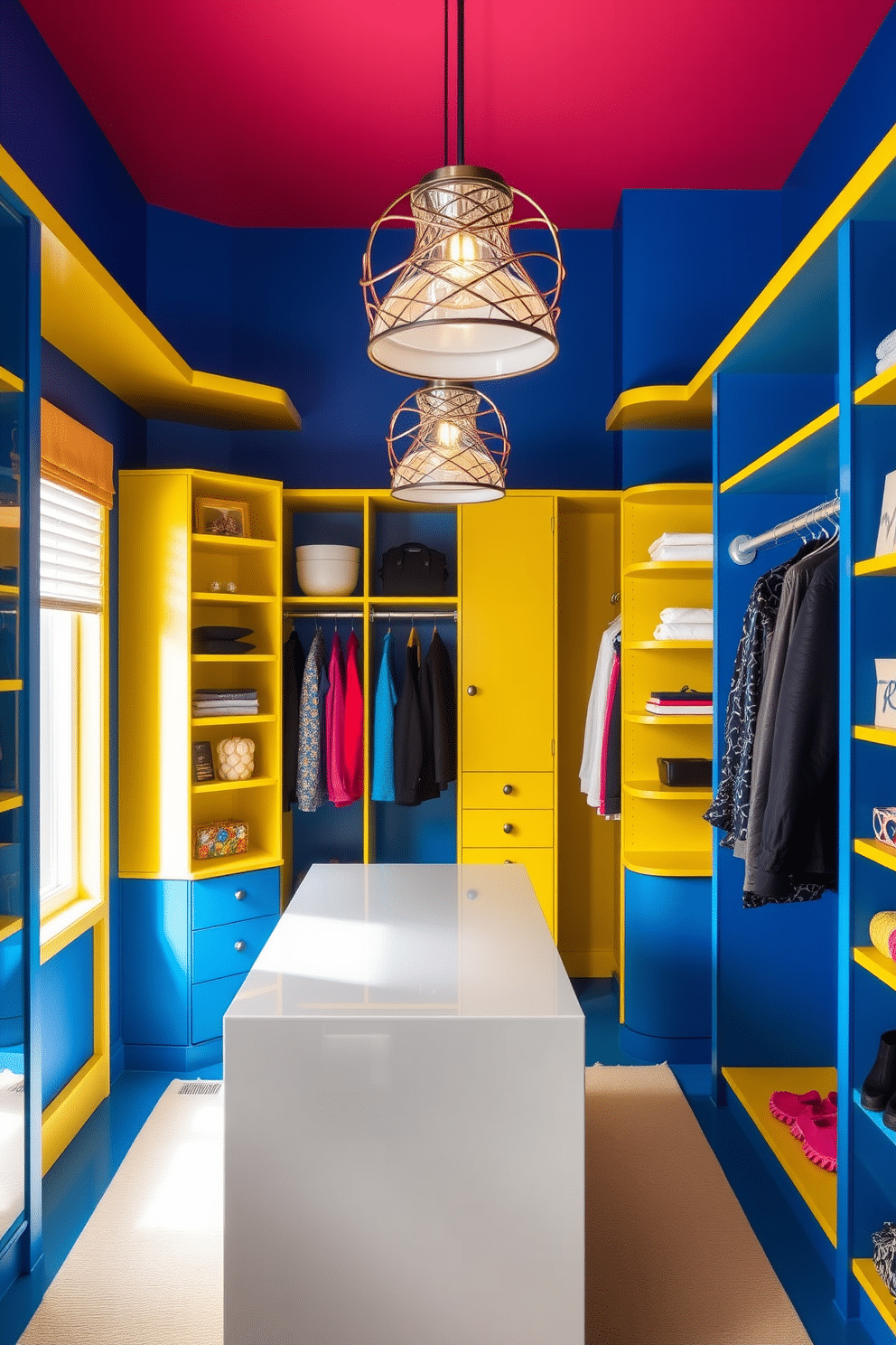 A vibrant walk-in closet featuring bold colors that reflect personality and style. The walls are painted in a striking royal blue, complemented by bright yellow shelving and accessories that add a playful touch. The space includes a stylish island in the center, topped with a glossy white surface for displaying accessories. Custom lighting fixtures in eye-catching shapes illuminate the closet, enhancing the overall energetic atmosphere.