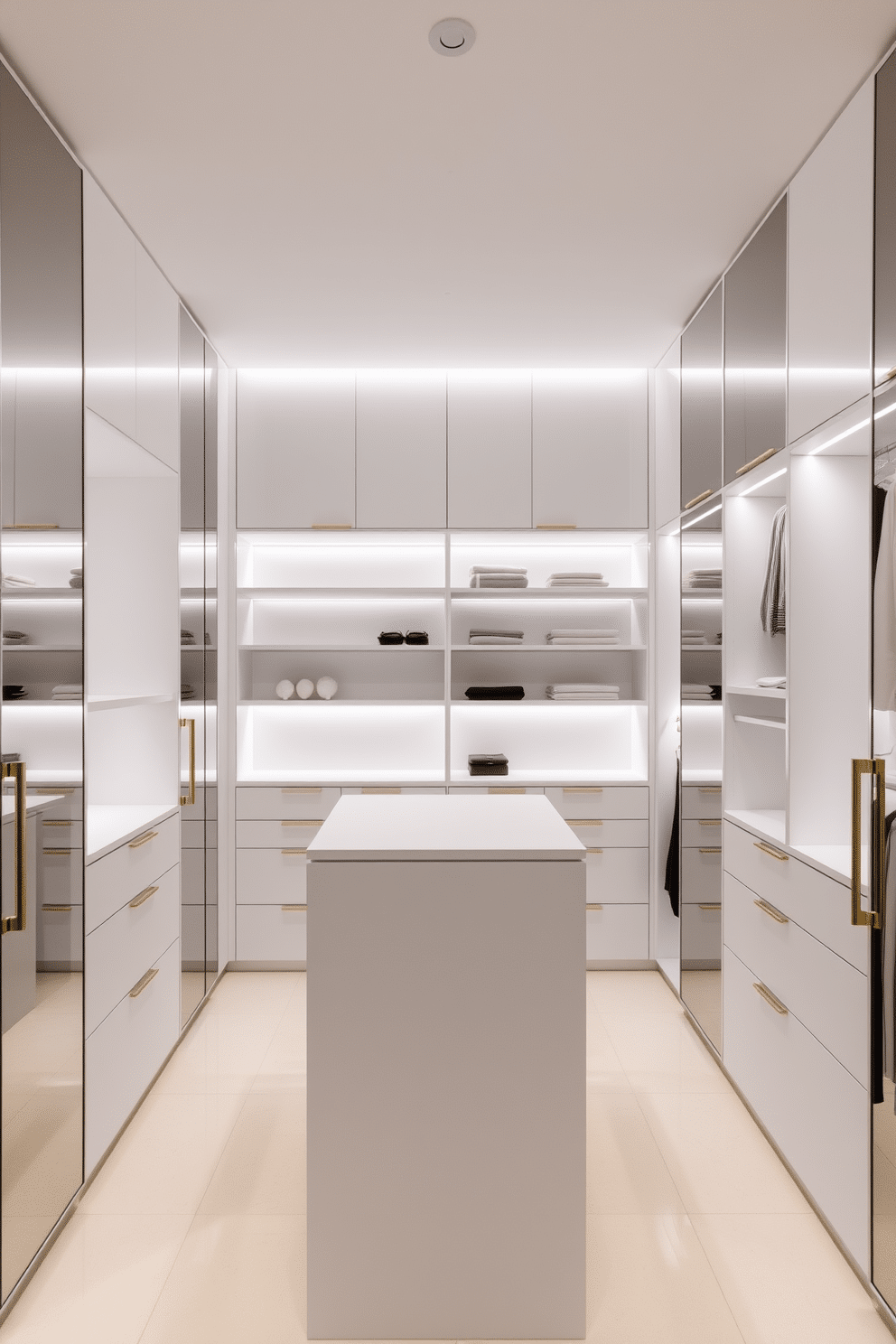 A minimalist walk-in closet featuring sleek, white cabinetry with integrated lighting that highlights the organized shelves. The space includes a central island with a smooth countertop, surrounded by floor-to-ceiling mirrors reflecting the clean lines and simplicity of the design.