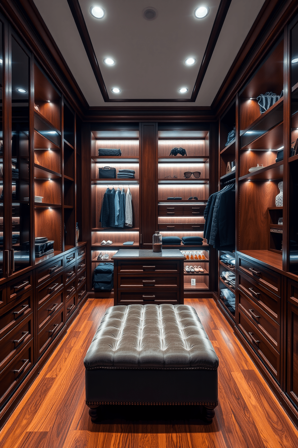 A luxurious walk-in closet featuring floor-to-ceiling storage solutions crafted from rich mahogany wood. The space includes custom shelving, hanging rods, and a center island with drawers, all illuminated by soft, ambient lighting. The closet is designed with a blend of open and closed storage, allowing for both display and concealment of clothing and accessories. A plush ottoman sits in the center, providing a comfortable seating area amidst the organized elegance.