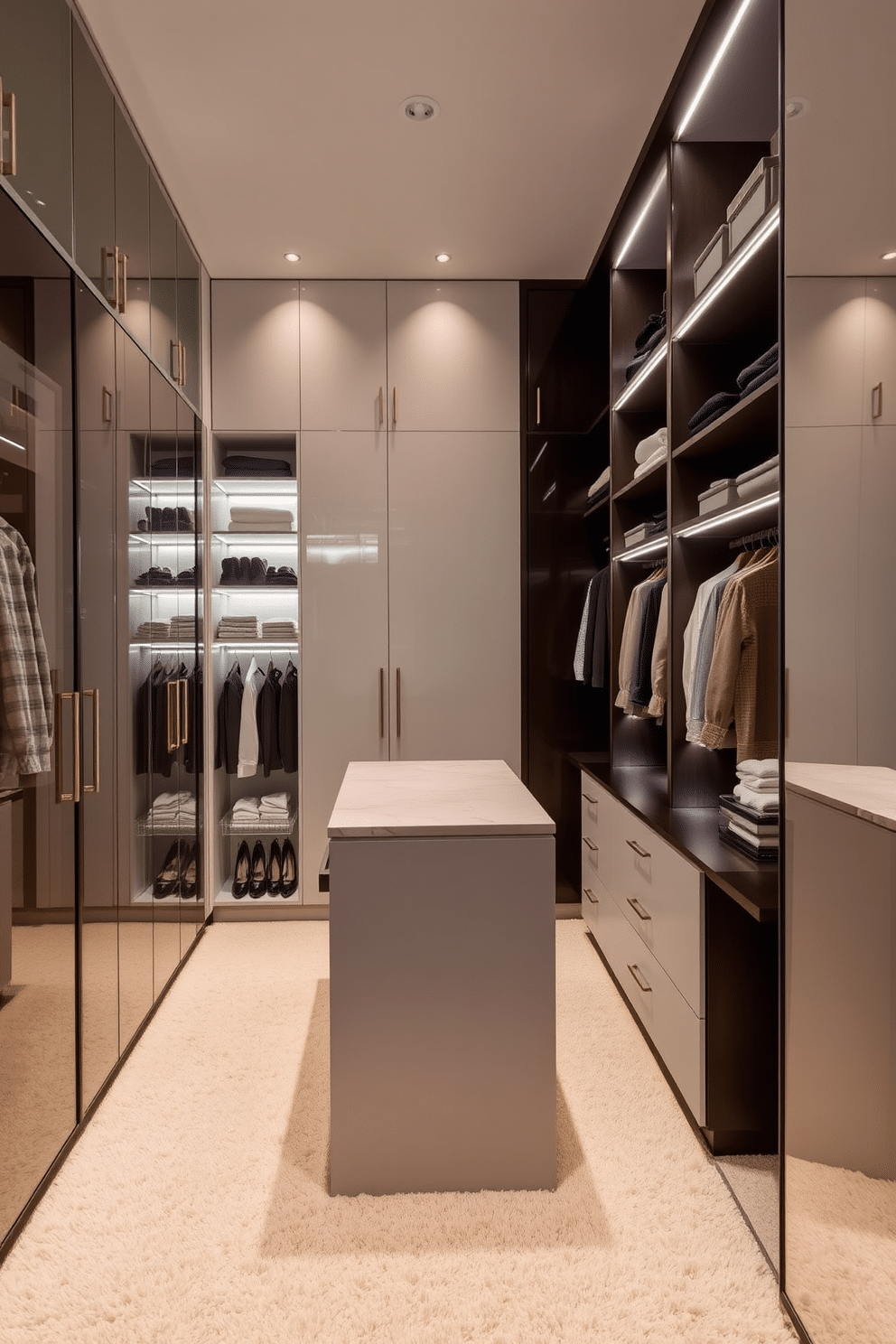 A sleek walk-in closet featuring glass-front cabinets that provide a contemporary aesthetic. The cabinets are filled with neatly organized clothing and accessories, illuminated by soft LED lighting that highlights the modern design. The spacious layout includes a central island with a marble top, perfect for folding clothes and displaying accessories. Plush carpeting underfoot adds a touch of luxury, while a large mirror on one wall enhances the sense of openness.